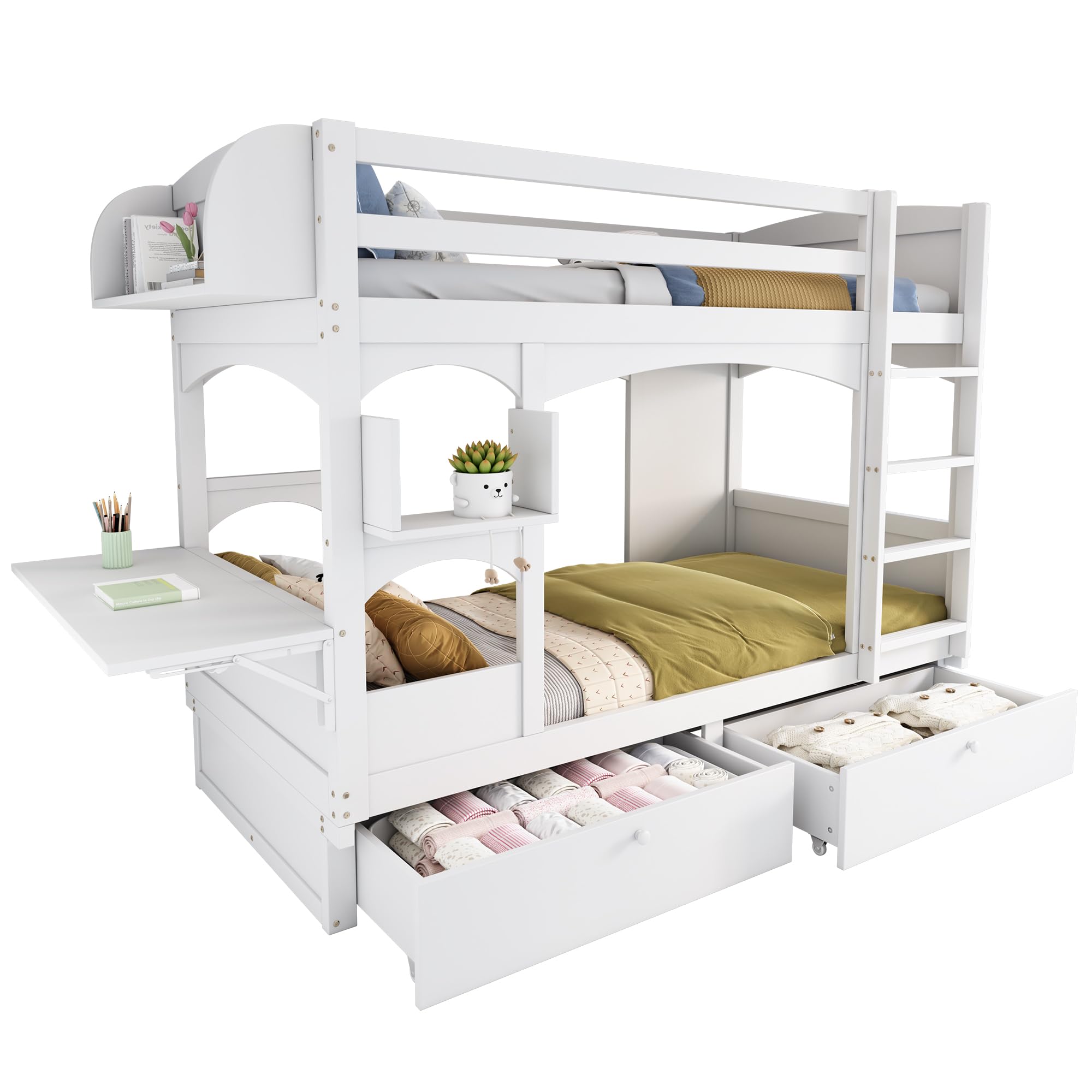 Kinderbett Etagenbett 90x200, Hochbett für 2 Kinder, Hausbett mit 2 Schubladen&klappbarem Schreibtisch&Regal&Leiter, Doppelbett Holzbett mit Lattenrost&Rausfallschutz, Massivholz, Ohne Matratze, Weiß