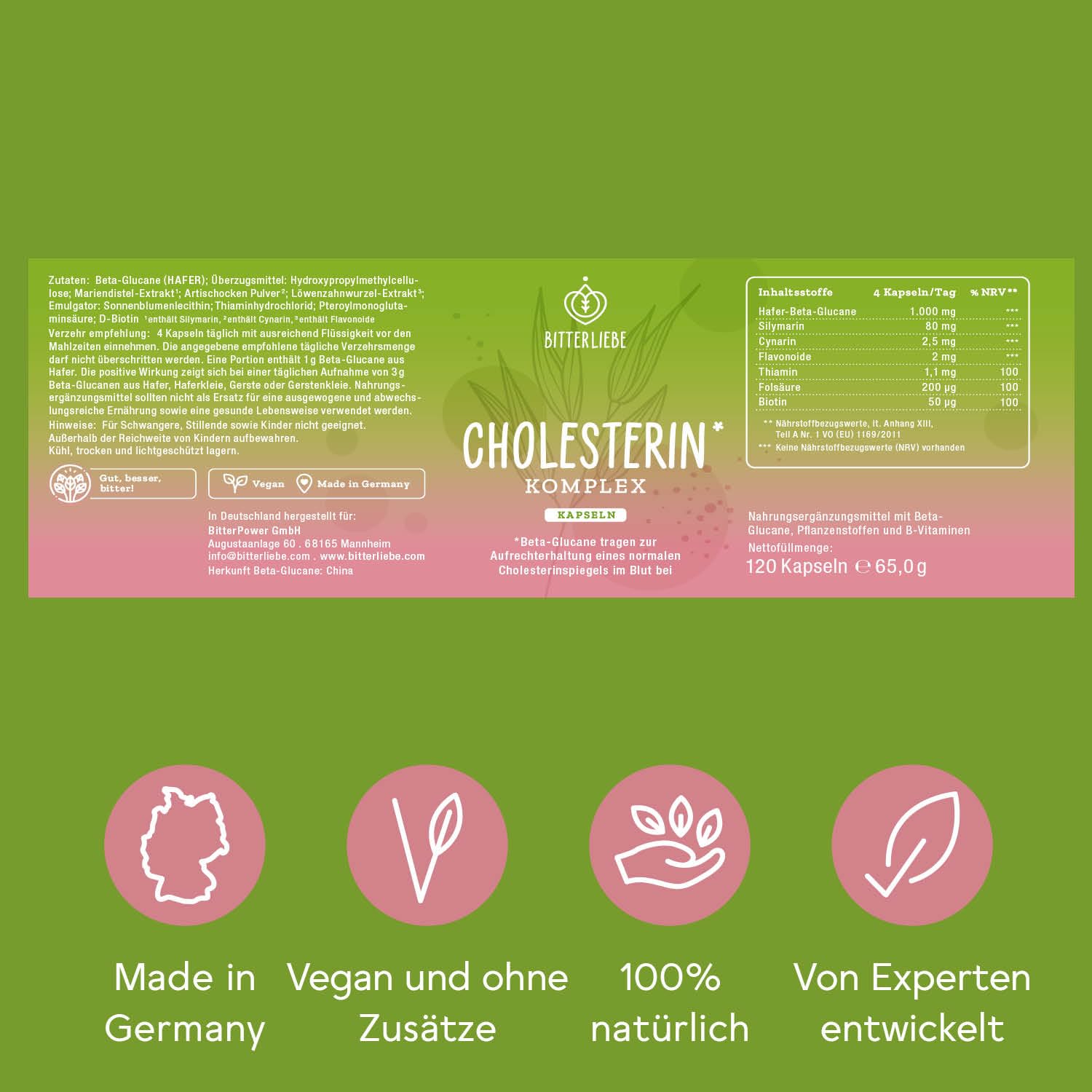 BitterLiebe Cholesterin* Komplex, einzigartige Kombination aus Bitterstoffen, Beta-Glucanen und Cultavit, 3-fach Wirkung auf Cholesterinspiegel (1)