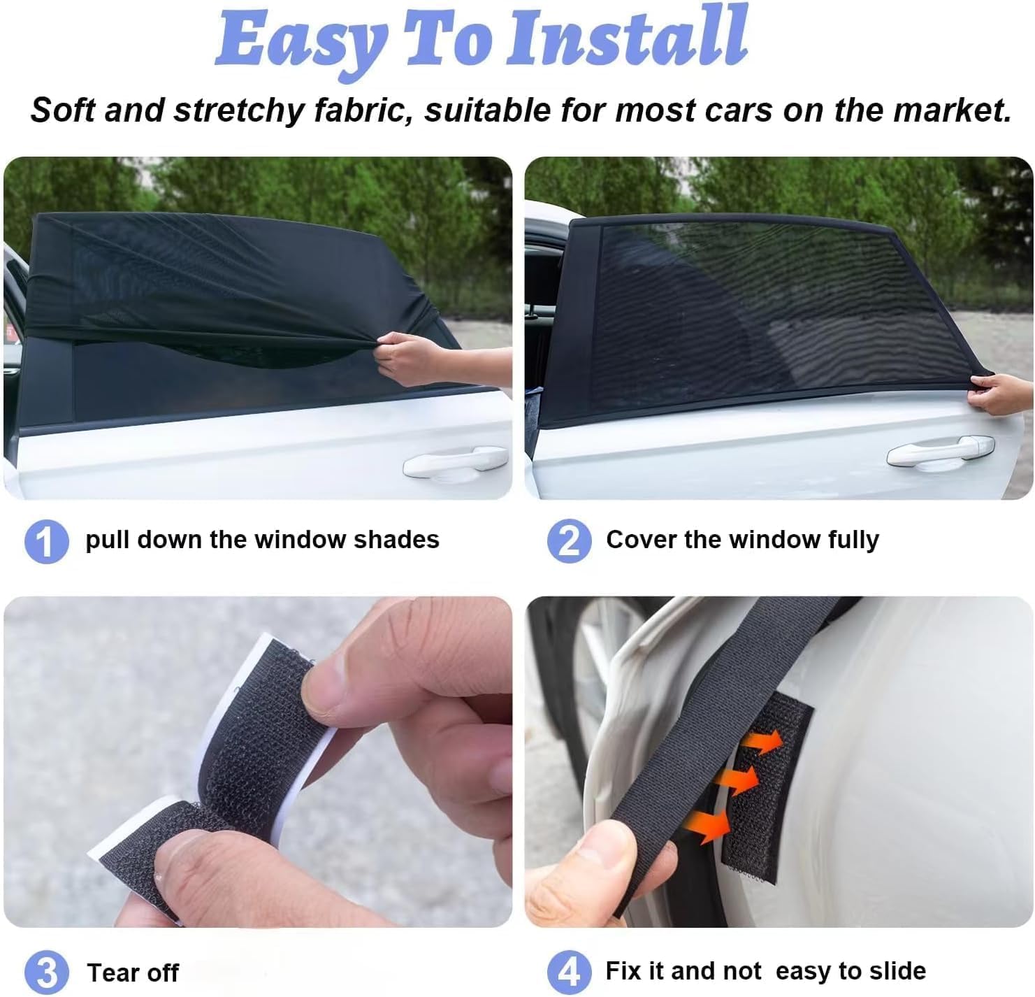 Car Rear Side Window Shades, Breathable Stretchable Window Covers Screens for Camping, UV Protection, Block Sun Glare,Privacy Protection,Fit for 95% of Cars -2 Pack