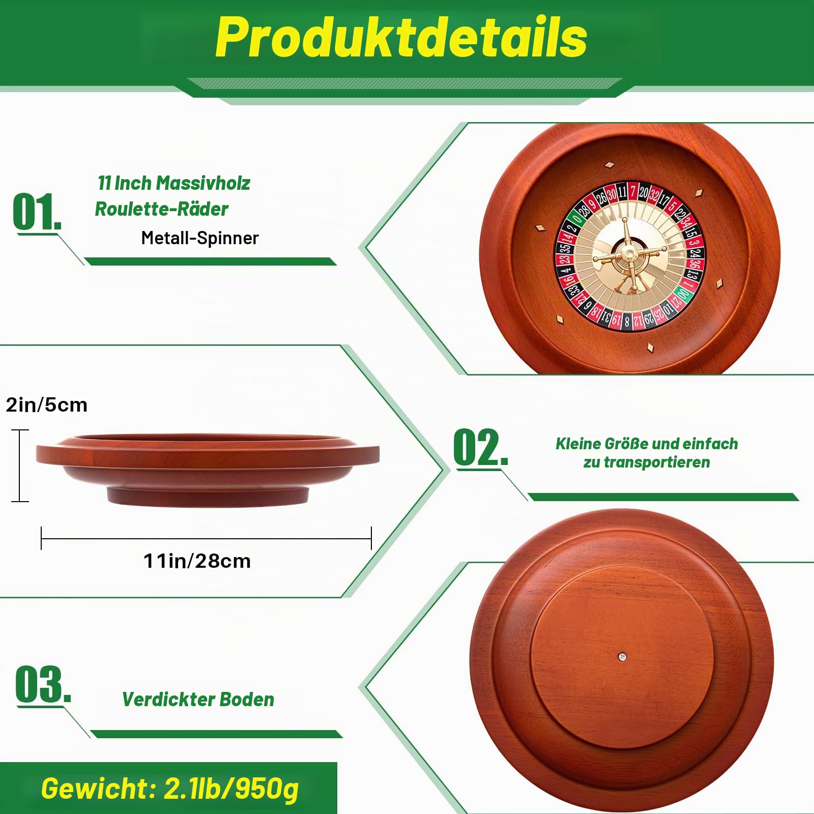 Lunmon Roulette-Rad Spiel-Set beinhaltet 27,9 cm Massivholz-Roulette-Rad, 88,9 x 40,6 cm, Gummi, tragbare Roulette-Tisch-Layout-Matte, 100 Chips, Roulette-Marker, Dealer-Taste
