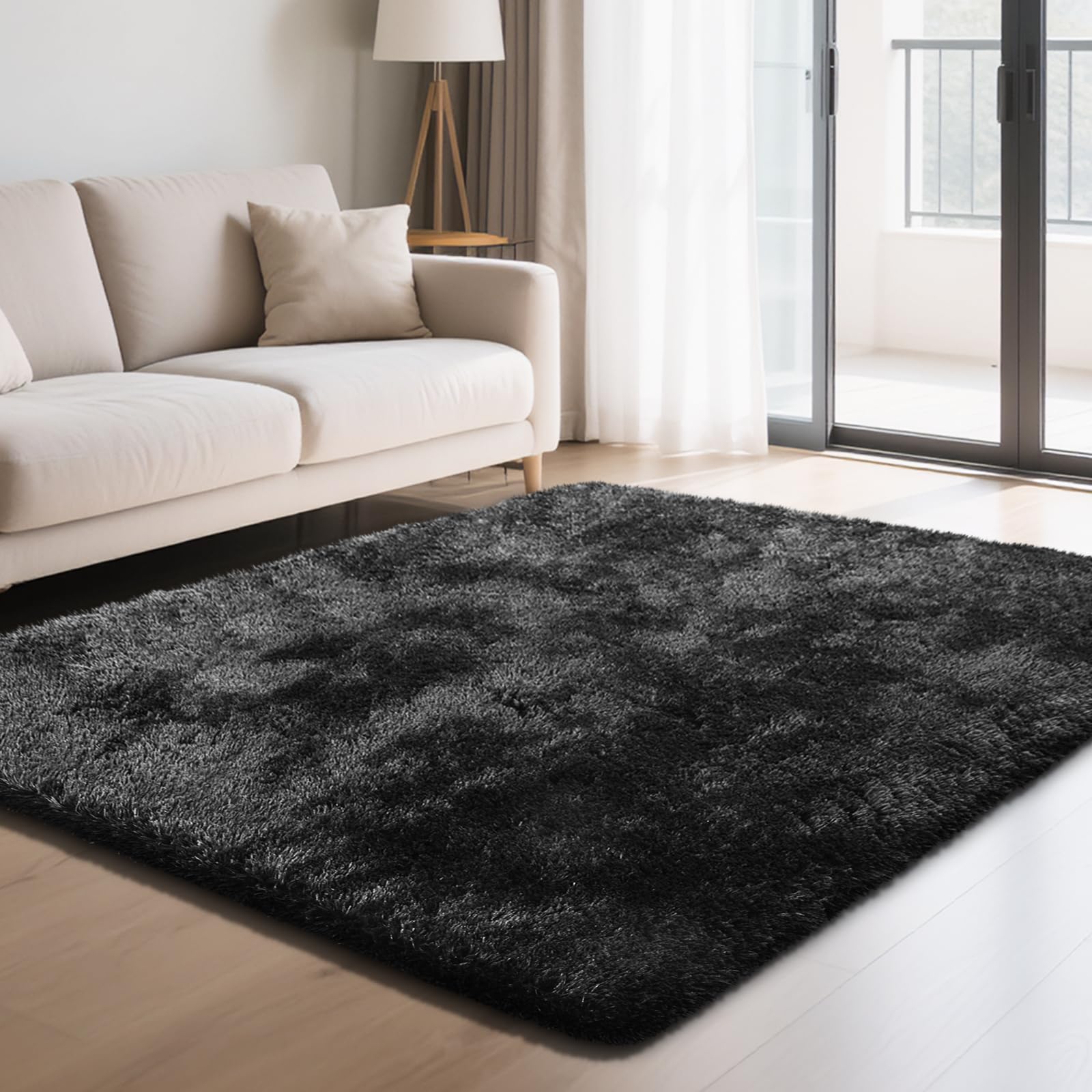 Fluffy Rug Shaggy Area Rug, Black 4x6 Area Rugs for Bedroom, Small Bedside Rug, Soft Fluffy Shaggy Entryway Throw Rugs for Living Room Bedroom Kids
