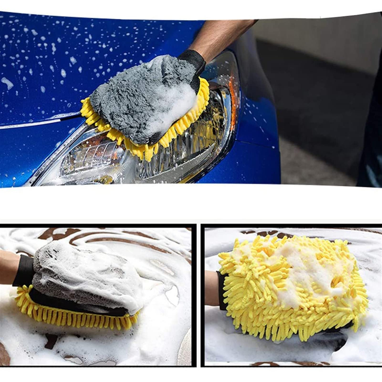 TRUSTTWO Guantes de Lavado a Prueba de Agua a Prueba de Agua Microfibra Chenilla Grueso Coche Limpieza Mitt Wax Detalle Pincel Auto Cuidado Auto Guante de Doble Cara The Yellow and Blue