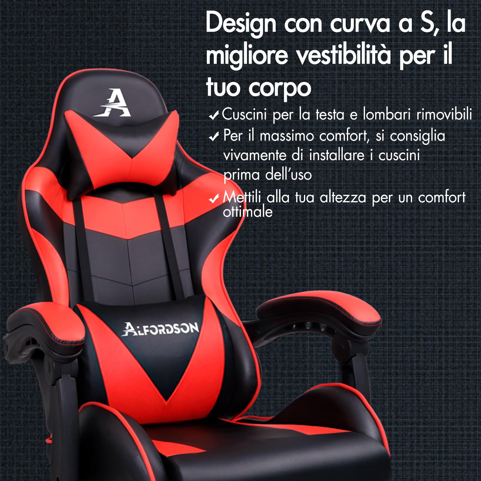 ALFORDSON Sedia Gaming Massaggiante, Sedia Gamer Professionale, Cuscino Lombare & Poggiatesta, Poltrona Ergonomica da Ufficio con Poggiapiedi, Portata 180 kg, Regolabile 90-150°, Similpelle(Rossa) | Poltrona Gamer in Similpelle Serie VOGLER, Schienale reg