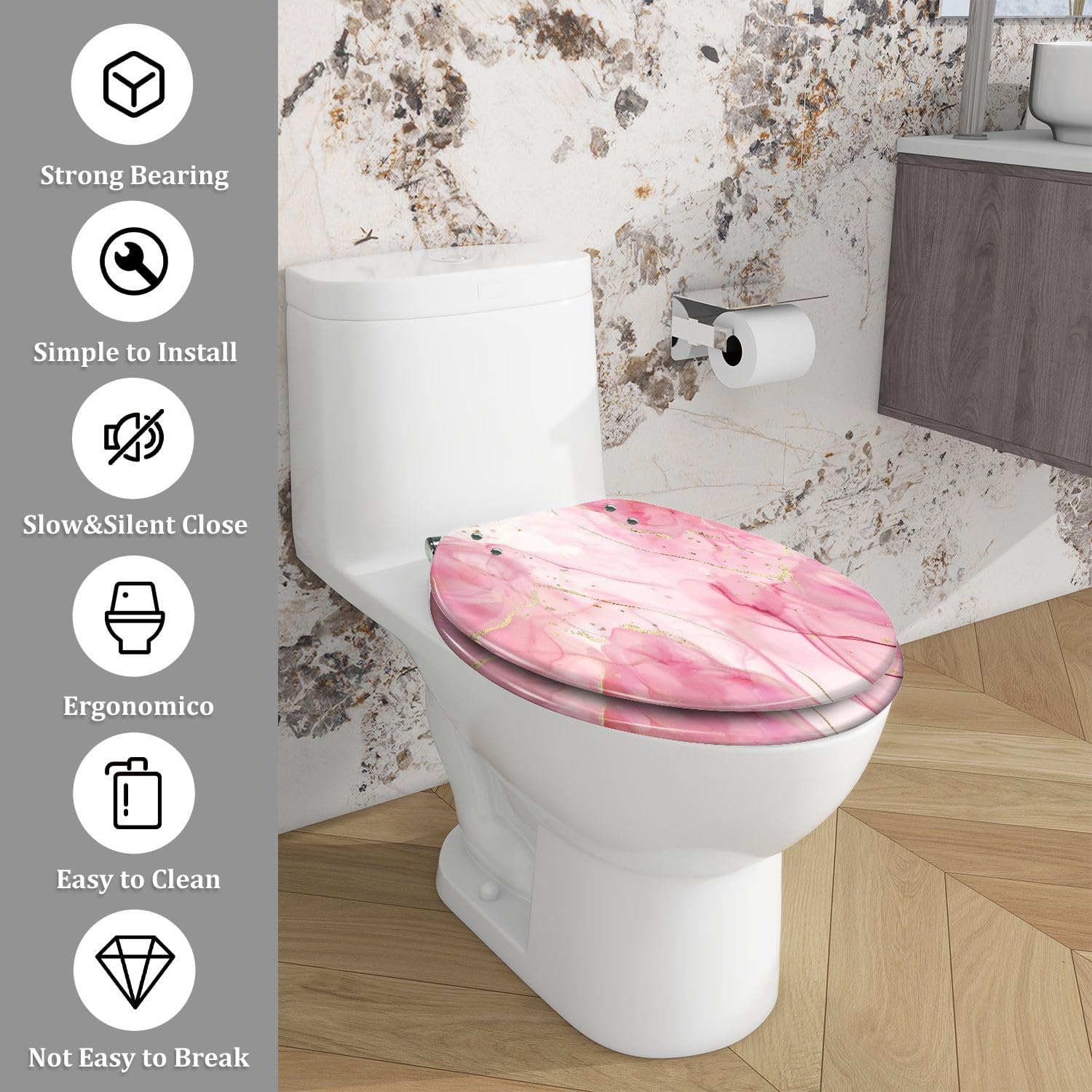 Elongated Decorative Resin Toilet Seat with Rose Pink, Golden Dots & Blush