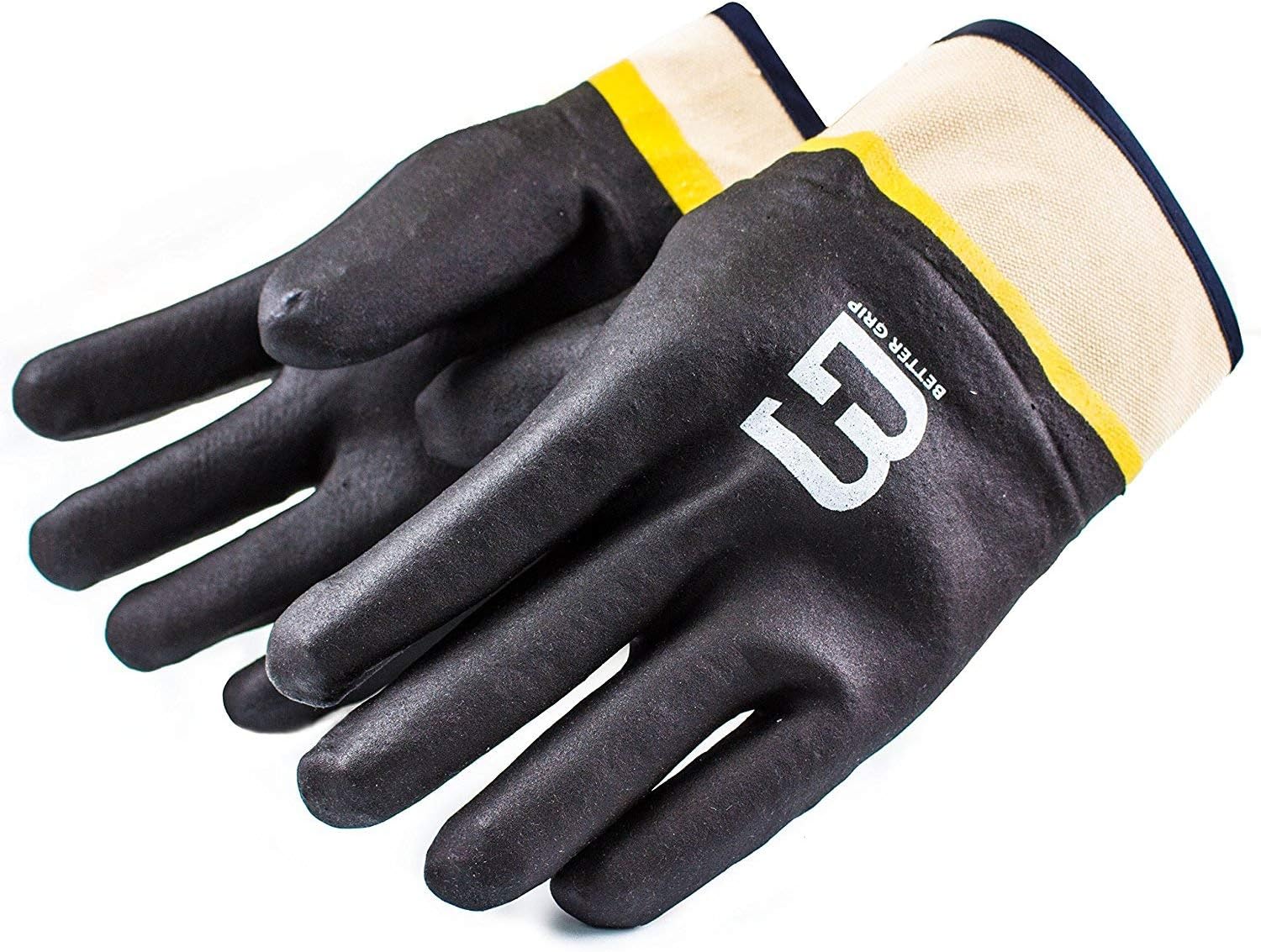 BG105BLK Heavy Duty Premium Sandy finished PVC Coated-Supported Glove with Safety Cuff, Chemical Resistant, Large, Fluorescent Black/Yellow (3 Pairs)