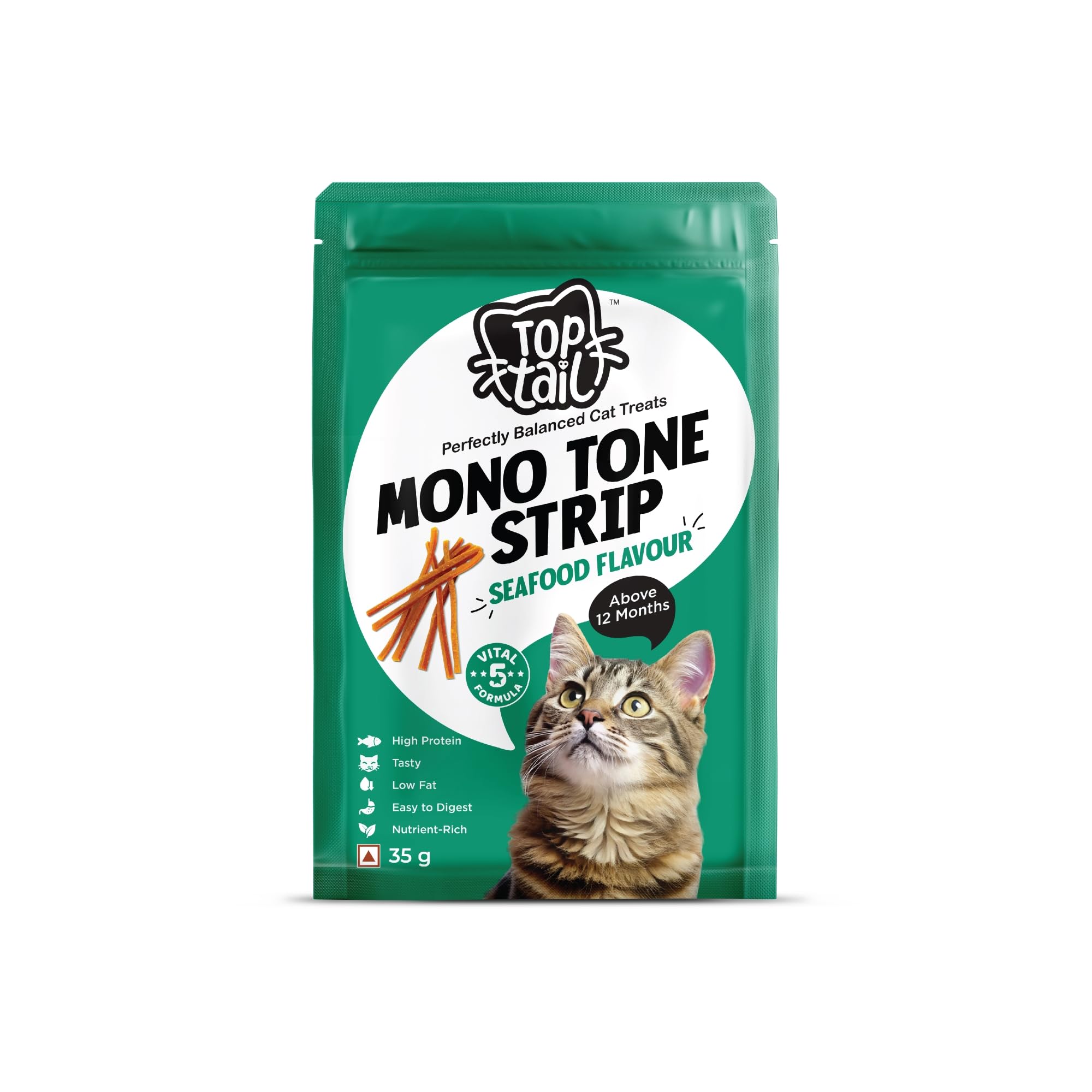 12 Month Perfectly Balanced Cat Treat Mono Tone Strip for Cat in Seafood Flavored | Protein-Rich Real Chicken with a Blend of Tuna Supports Muscle Growth & Overall Vitality | 35g Pack of 1-image-4