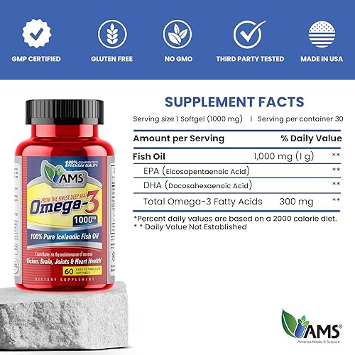 Miniatura 5 de America Medic & Science Omega-3 1000 mg (60 cápsulas blandas)  Suplemento dietético para hombres y mujeres  Aceite de pescado islandés 100% puro