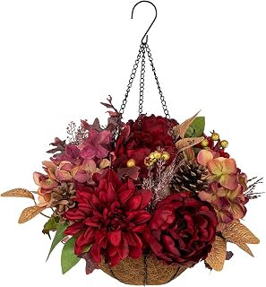 Hollyone 13" Fall Hanging Baskets Hydrangea Peonies Medium Artificial Flowers Fall Hanging Decor Fake Hydrangea Faux Plants Red Orange Indoor Outdoor Porch Patio Garden Autumn Decorations for Home