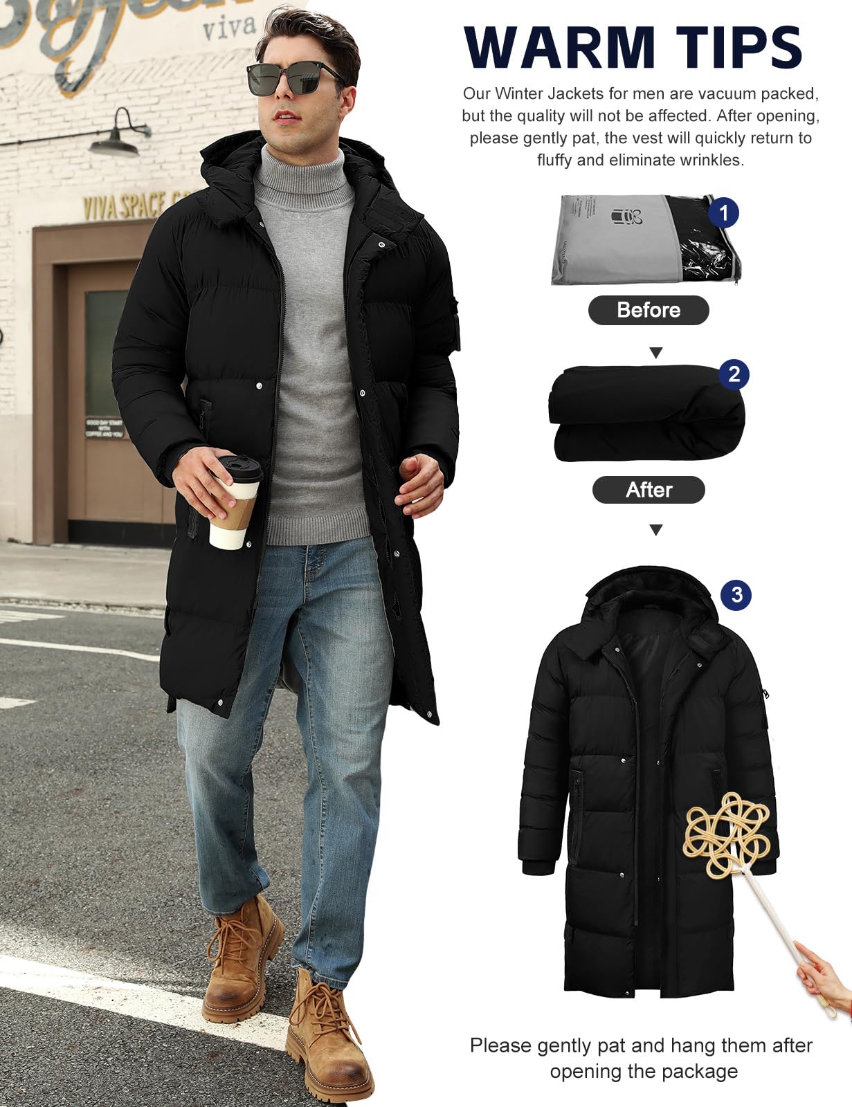 Yuson Gir Abrigo Hombre Chaqueta Largo Hombre Invierno Ligero y Resistente Agua Parka Grueso Cazadora con Capucha Cálido Acolchado Abrigos Cremallera Viento Coat Chaquetón
