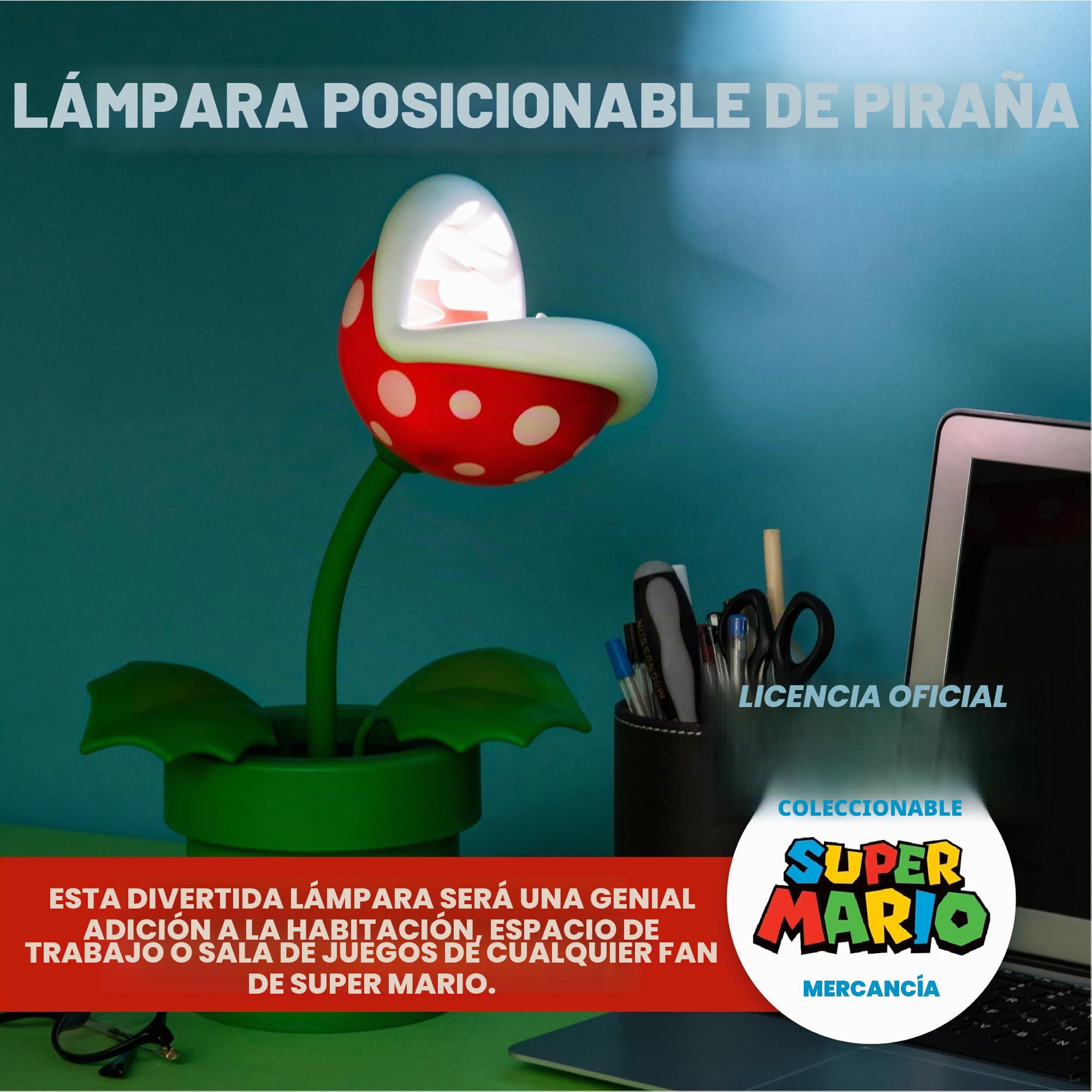 Paladone Lámpara Piraña Super Mario Bros - Lámpara LED Oficial con Cabeza Móvil, 33cm, Funciona con USB