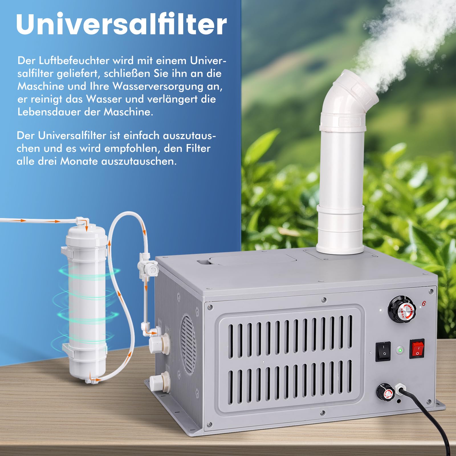 Industrieller Luftbefeuchter 270 M³/h Großes Volumen Mist Luftbefeuchter Ultraschall Nebelmaschine mit Universalfilter PVC-Rohr für Werkstatt Supermarkt Lager Pflanze Gemüse Gewächshaus