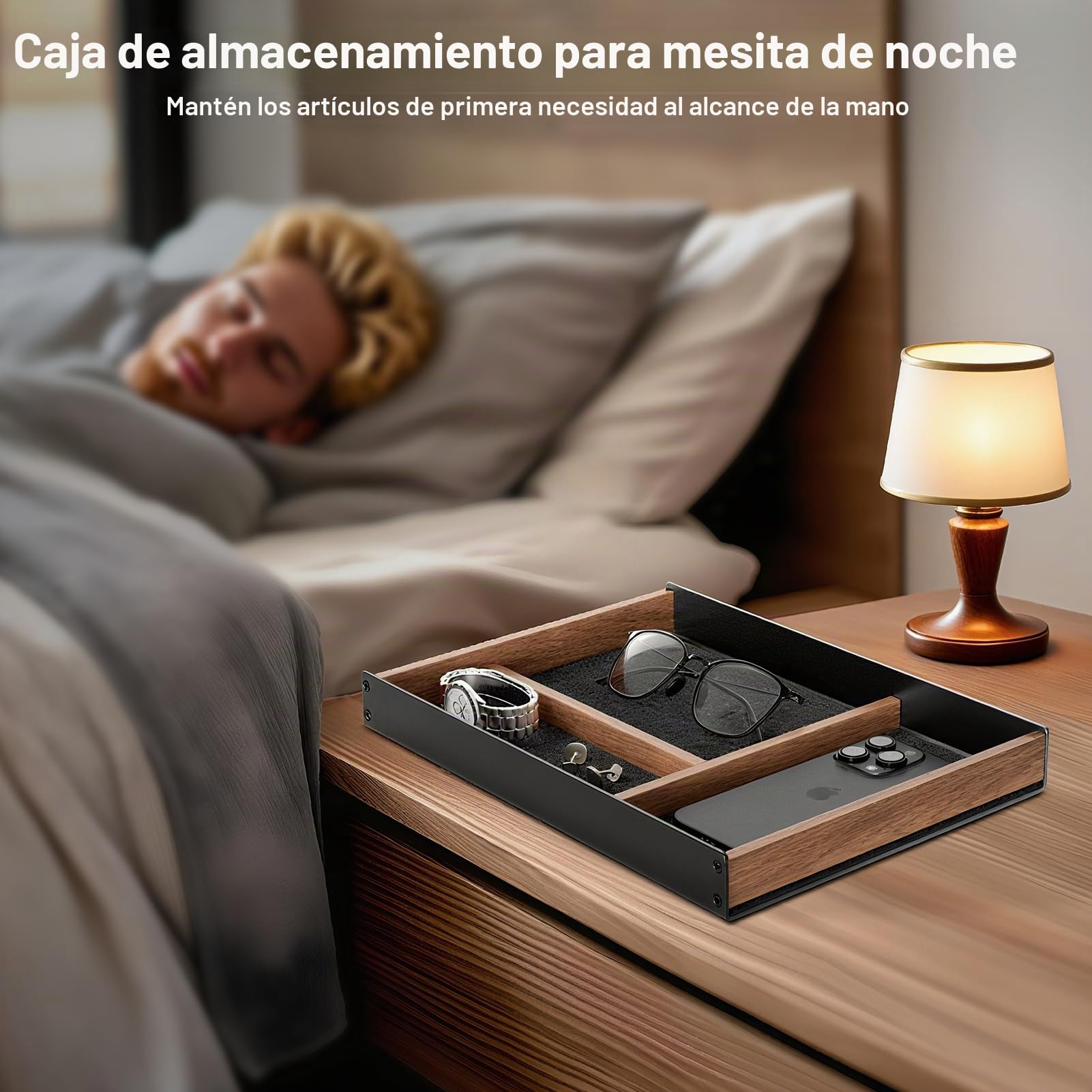 Bandeja de escritorio de madera, organizador de cajón, valet para hombre de aluminio y nogal, accesorios de oficina estéticos, hogar, suministros, llaves, bolígrafos, relojes