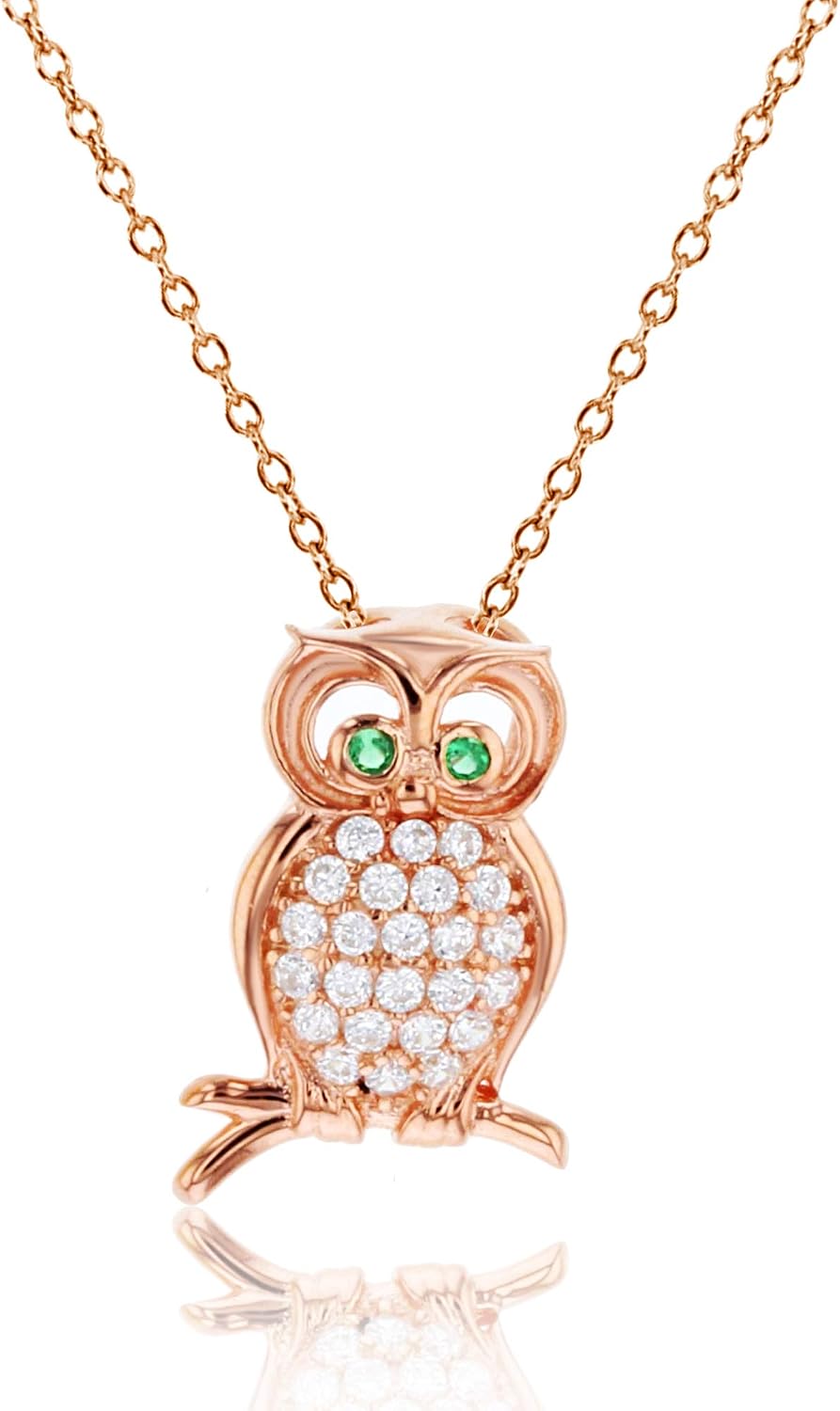 14K Gold Plated 925 Sterling Silver Textured Owl Necklace For Women | Simulated Diamond & Emerald | 18" Necklaces For Women