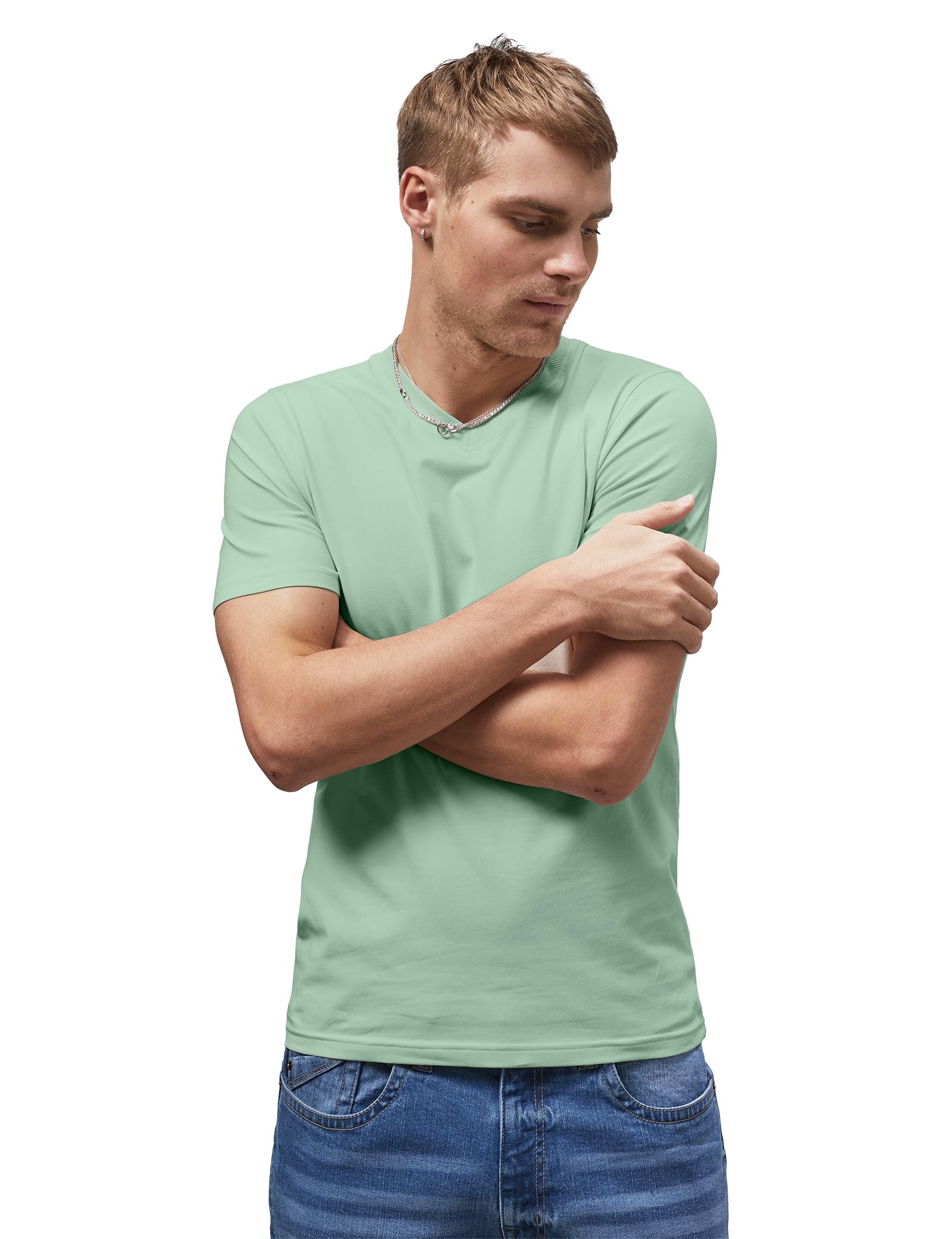 Enorsia Mens Slim Fit V-Neck T-Shirt with Soft Cotton Blend Jersey Febric Lightweight & Breathable Casual T-Shirt Short Sleeve, Durable Double-Stitched Hem (L, Green)