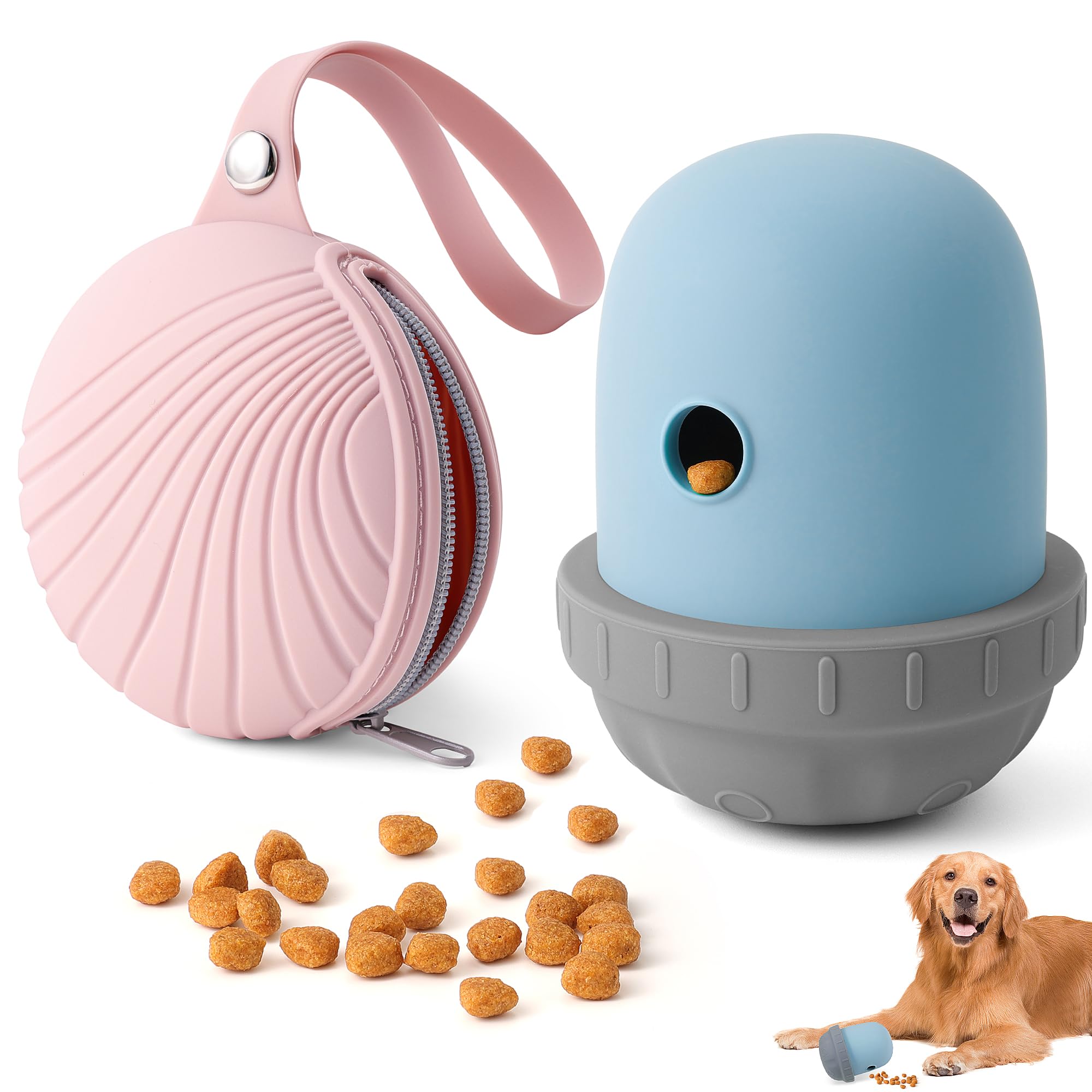 Interactive Treat Dispensing Dog Toy Silicone Dog Chew Toy Ball with Pink Dogs Treat Pouch for Pet Training