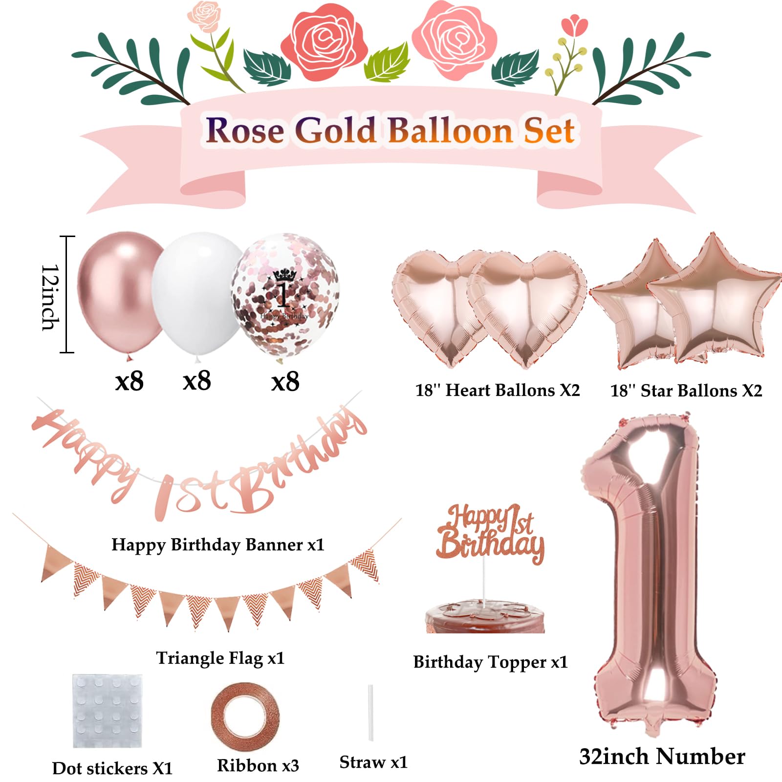 Verjaardagsdecoratie 40e verjaardag vrouwen, ballon Happy Birthday 40 jaar roségoud, pomponbanner zijdepapier