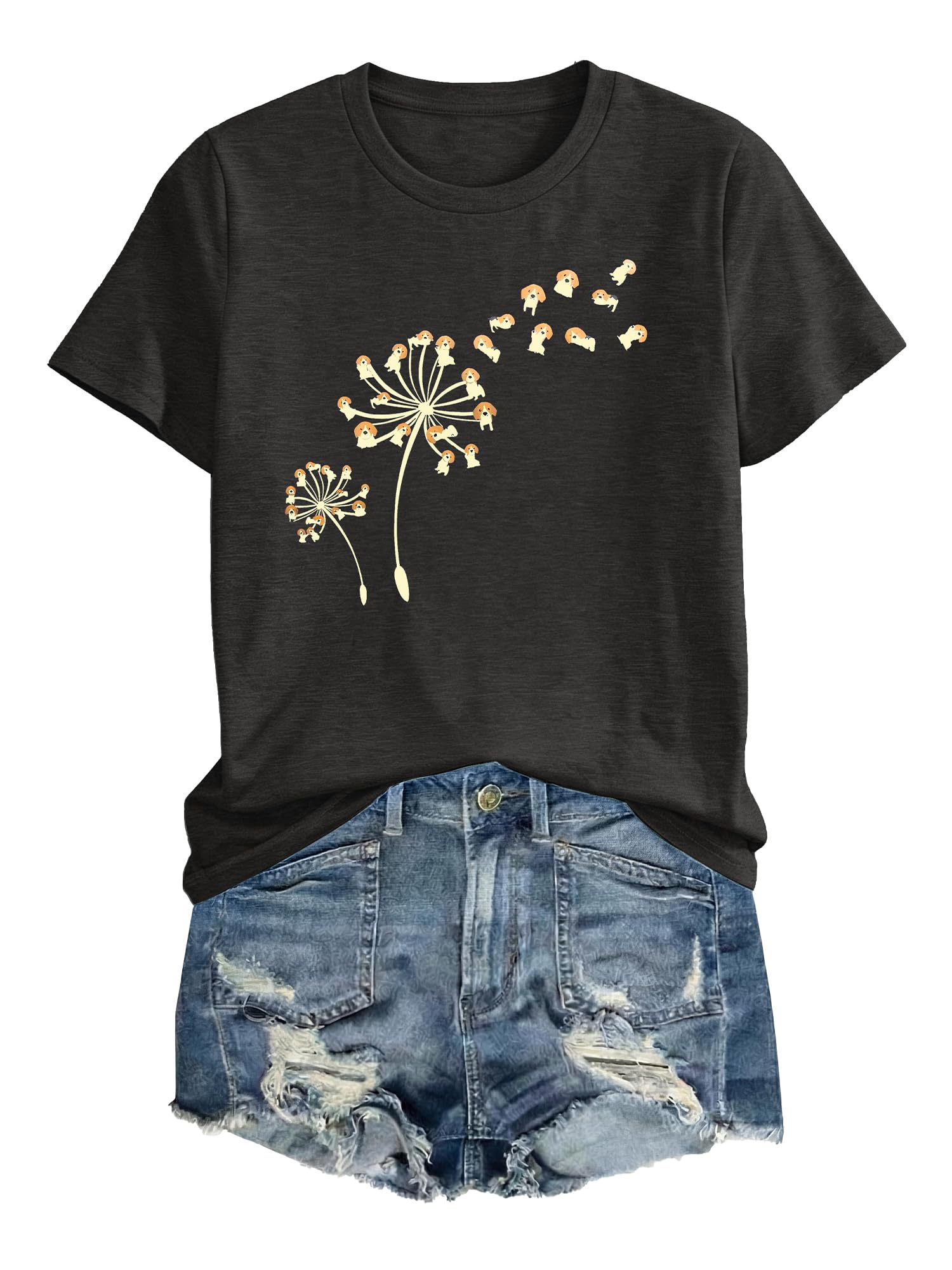 Anbech Women Dandelion Print T Shirts Summer Short Sleeve Graphic Tees | Cute Dandelion Paw Print Tshirt Casual Crewneck Loose Fit Flower T-shirts Teen Girls Colorful Comfy and Soft Daily Wear