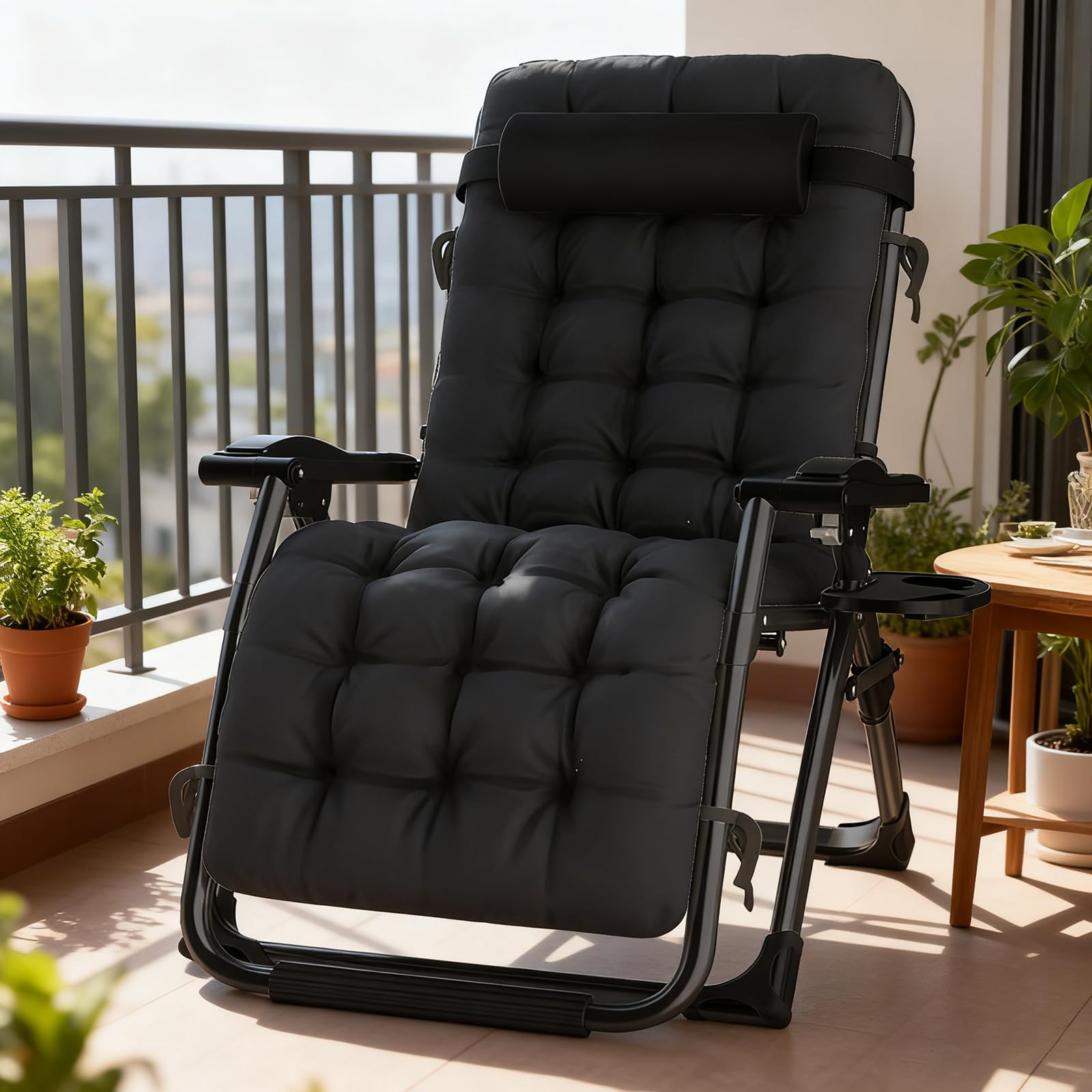 Silla Tumbona Plegable Negro Gravedad Cero 72 cm Ancha Tumbonas Jardin Exterior con Almohada Cervical Desmontable, Cojín y Funda Tumbona, Ideal para Terraza, Jardín, Playa