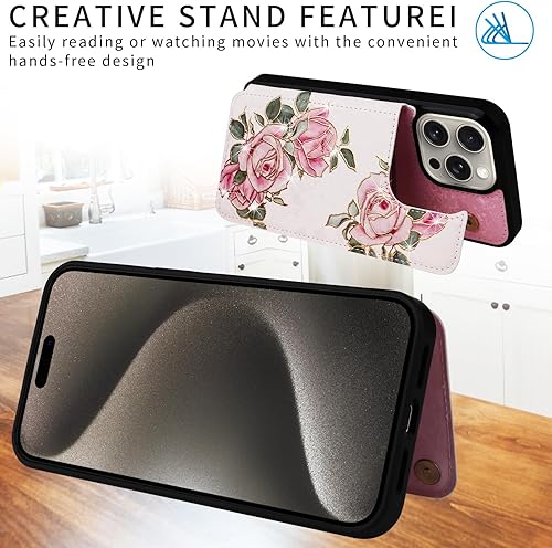 Miniatura 42 de UEEBAI Funda tipo cartera para iPhone 15 Pro Max con tarjetero, cubierta de cuero PU con soporte, bloqueo RFID, doble cierre magnético, relieve de