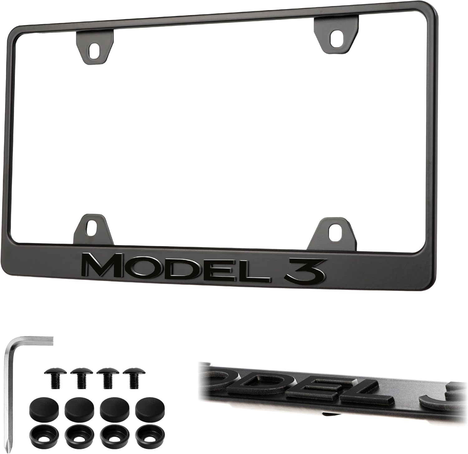 Model 3 License Plate Frame – Stealth Black Powder Coat UV Resistant Rust-Proof Steel Plate Holder - One Piece - Compatible with 2017-2025 Tesla Model3 EV (3D RAISED LETTERS with MOUNTING HARDWARE)