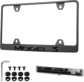 Model 3 License Plate Frame – Stealth Black Powder Coat UV Resistant Rust-Proof Steel Plate Holder - One Piece - Compatible with 2017-2025 Tesla Model3 EV (3D RAISED LETTERS with MOUNTING HARDWARE)