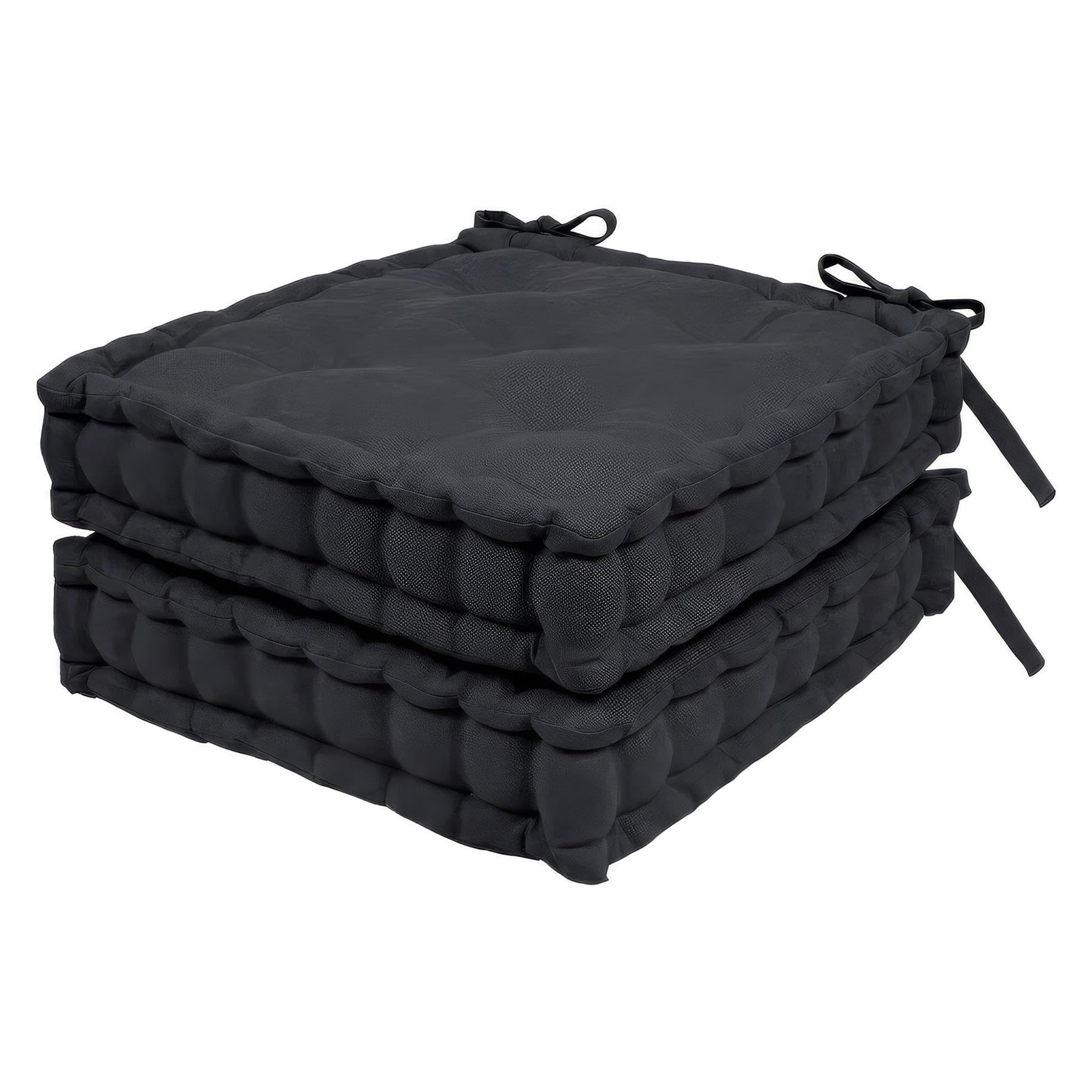 Harbour Housewares Square Seat Pads Pack of 2-40 x 40cm Extra Thick Cushions with Ties, Indoor Outdoor Chair Seat Pads for Dining Chairs, Garden, Patio & Bistro Seating - Black