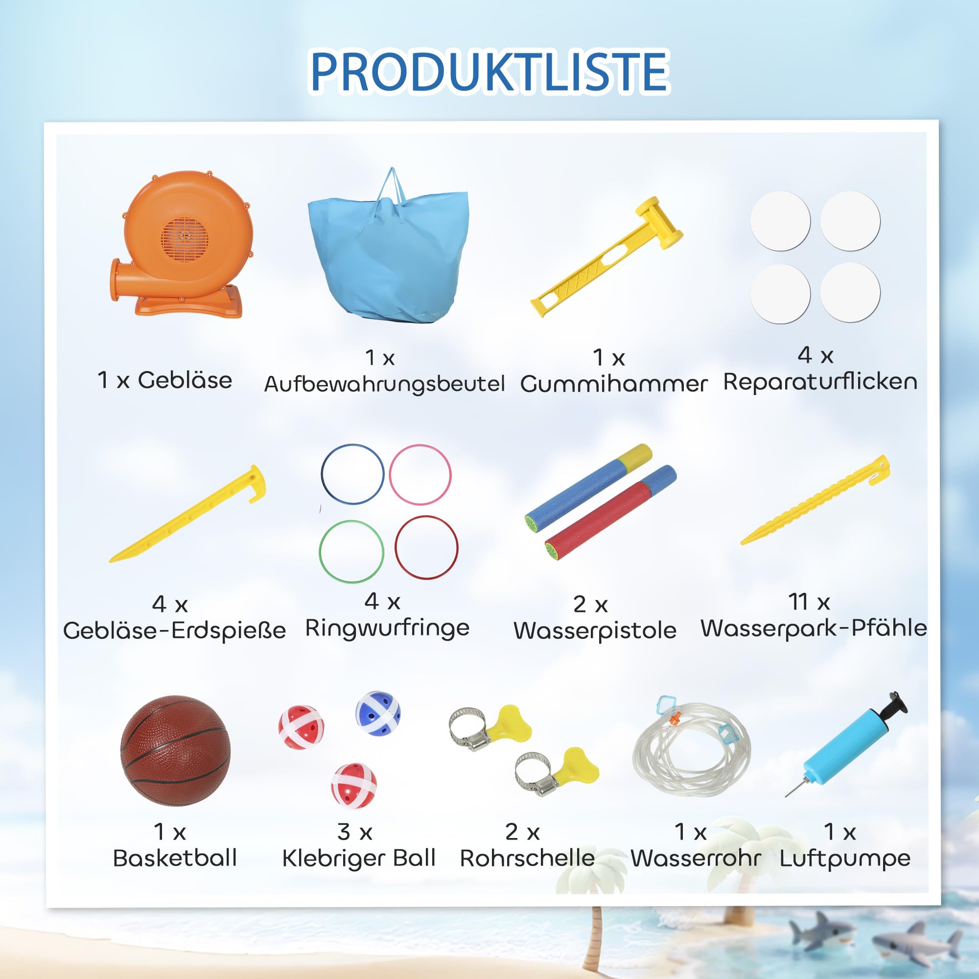 AIYAPLAY Château Gonflable 8 en 1 avec Ventilateur - Parc Aquatique Gonflable Motif Requin - Toboggan Sec/Eau - Piscine Pataugeoire - Trampoline - Mur d'Escalade - Panier Basket-Ball