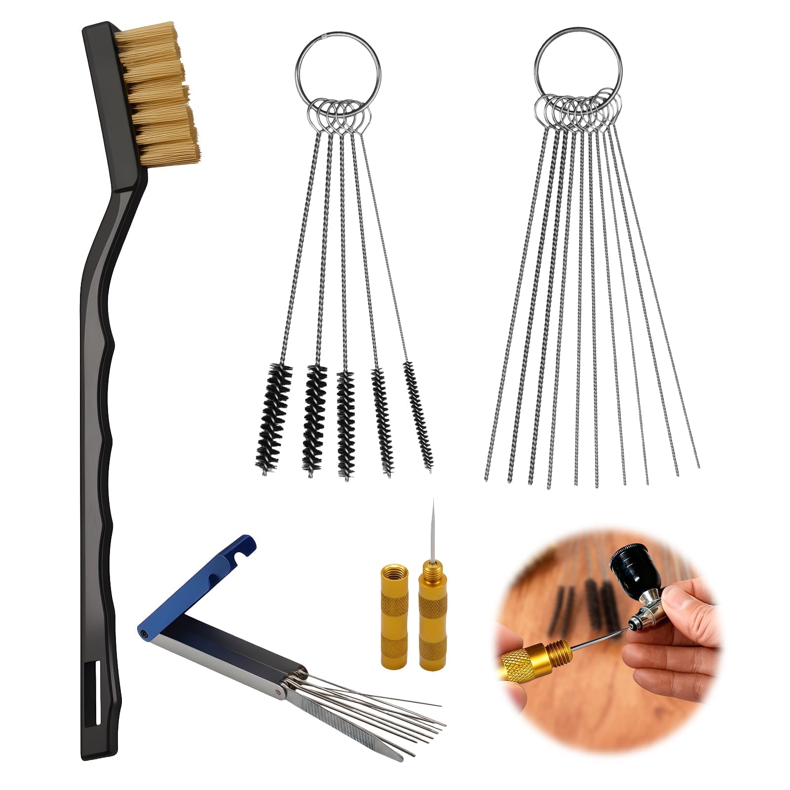 Kit di pulizia per ugelli per carburatore, set di pulizia ugelli, 13 fili, 10 aghi, 5 spazzole, 1 strumento di rimozione, 1 spazzola metallica, adatto per auto moto quad, saldatrici per tappeto erboso