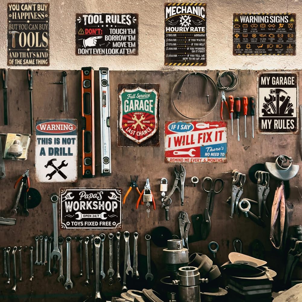 9 Pcs Vintage Garage Signs Mechanic Accessories, Man Cave Decor, Funny Garage Metal Tin Signs, My Rules Car Wall Decor 8 X 12 Inch Mechanic Gifts For Men Dad&Husband Mechanics Shop Sign