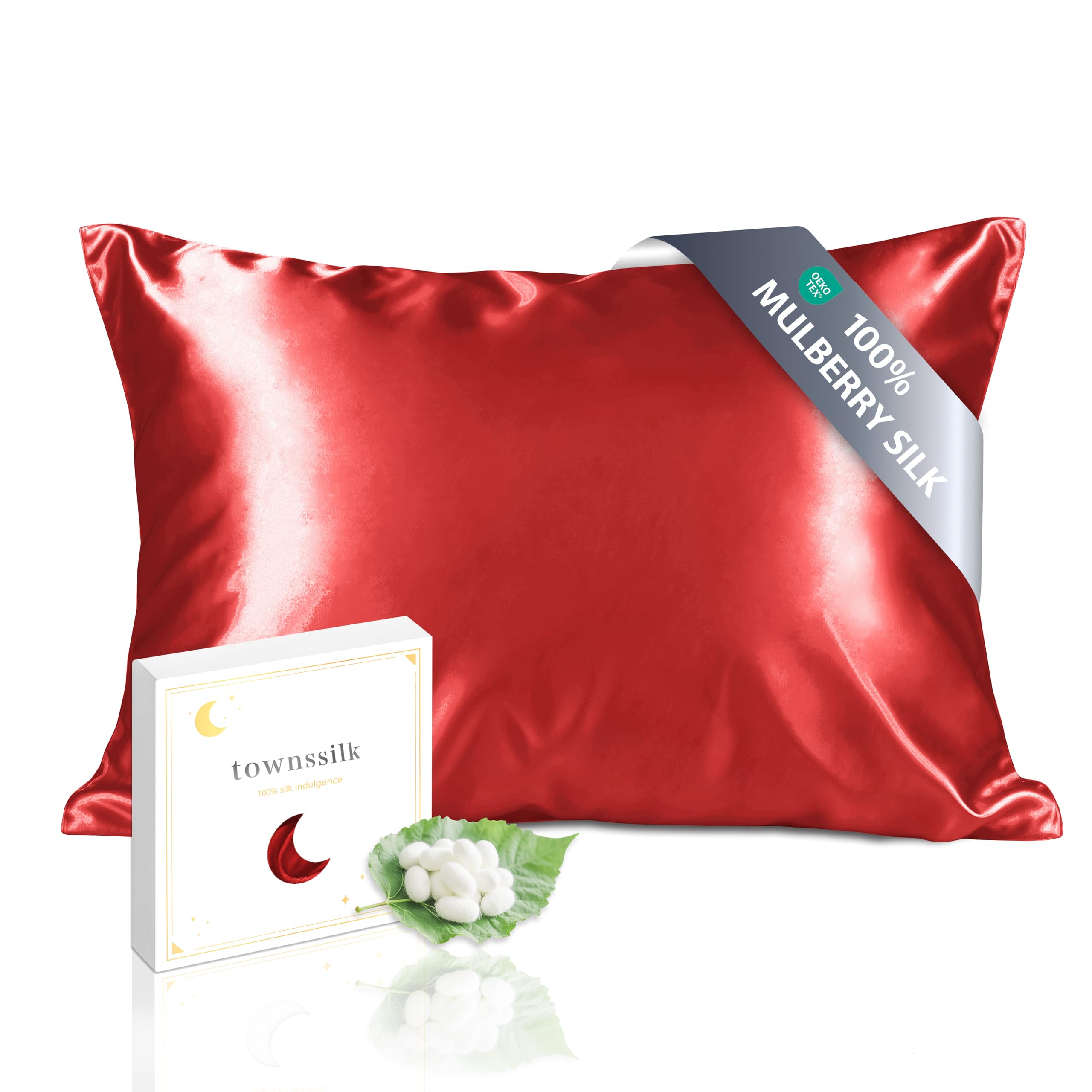 townssilk Kissenbezug Seide 100% 19mm Pure Maulbeerseide,Beidseitig Seide,für Haar Haut Gesundheit,kopfkissenbezug Seide,verstecktem Reißverschluss,1Stück,50x65cm,Red