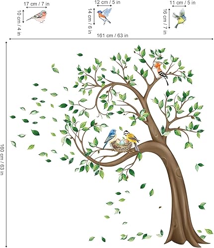 Miniatura 4 de decalmile Calcomanías de pared grandes de árbol verde con hojas voladoras y pájaros calcomanías de pared para dormitorio sala de estar sofá TV fondo