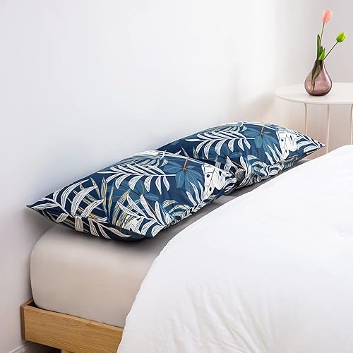 Miniatura 2 de YuHeGuoJi Juego de 2 fundas de almohada, tamaño Queen, 100 % algodón, estampado de plantas tropicales, hojas azules y blancas, con cierre de sobre,