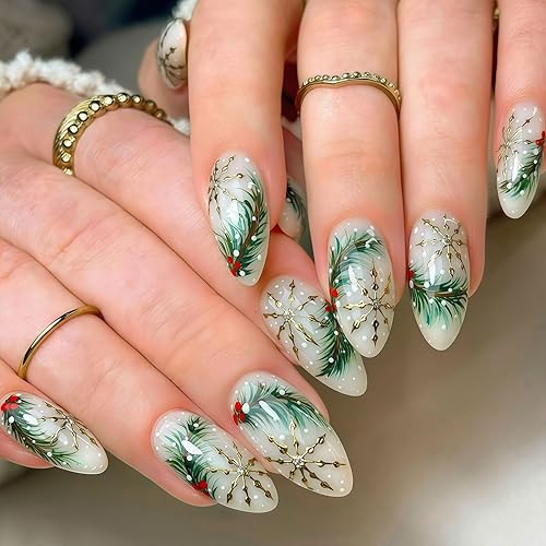 BFY Snowflake Press on Nails Medium Almond Christmas Fake Nail,