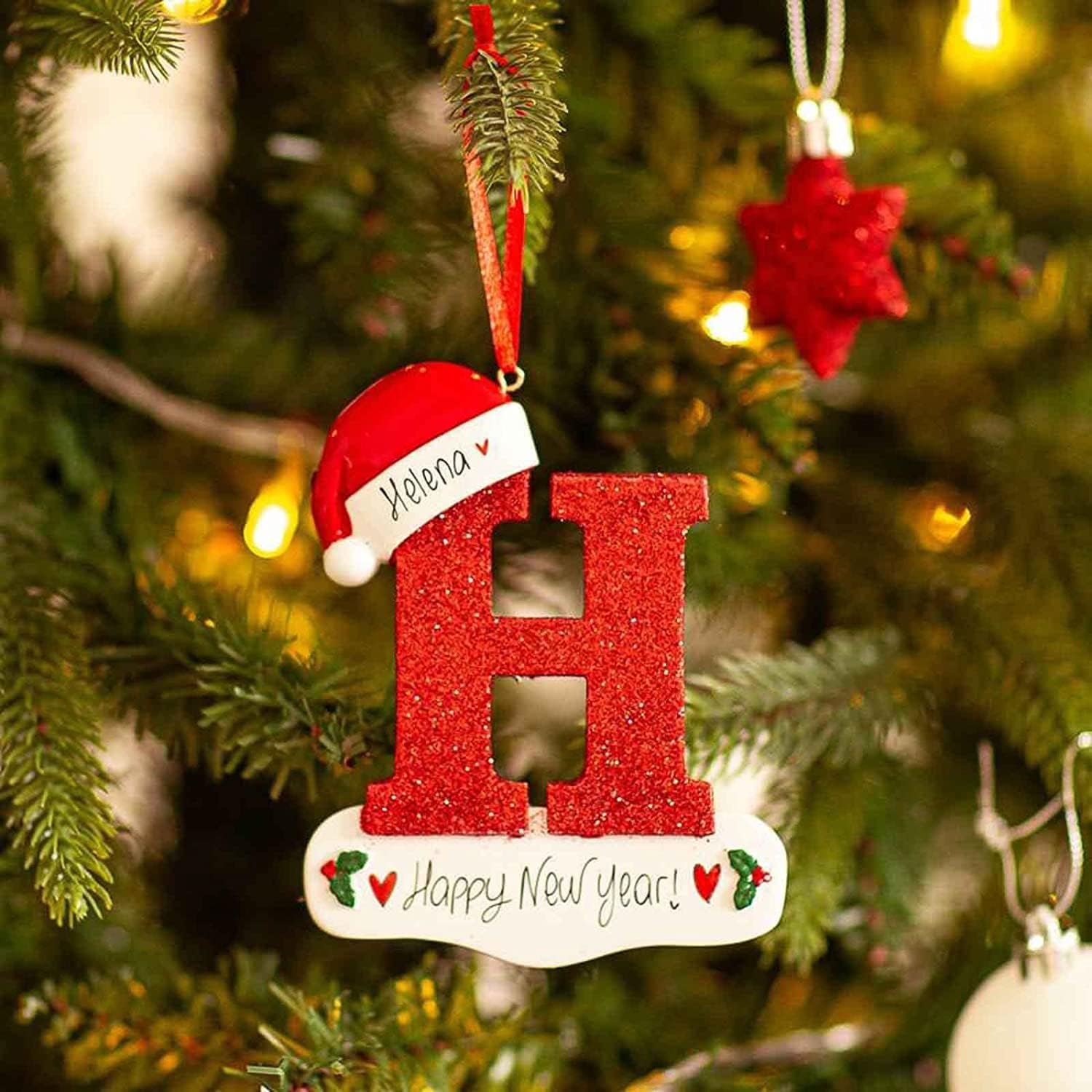 Christmas Initial Letters Ornaments Personalized DIY Red Hat Letters Ornaments Christmas Tree Pendant Decoration Xmas Hanging Decor (H)