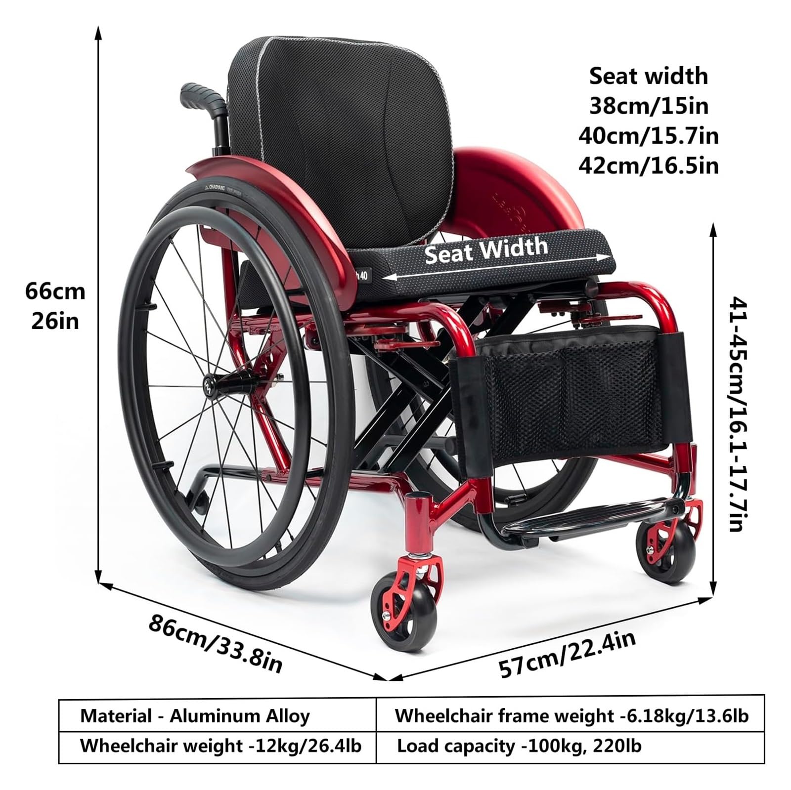 Silla de ruedas portátil de transporte, plegable, ultraligera, deportiva, deportiva, deportiva y de ocio, silla de ruedas manual de aleación de aluminio autopropulsada (rojo A, ancho del asiento: 36