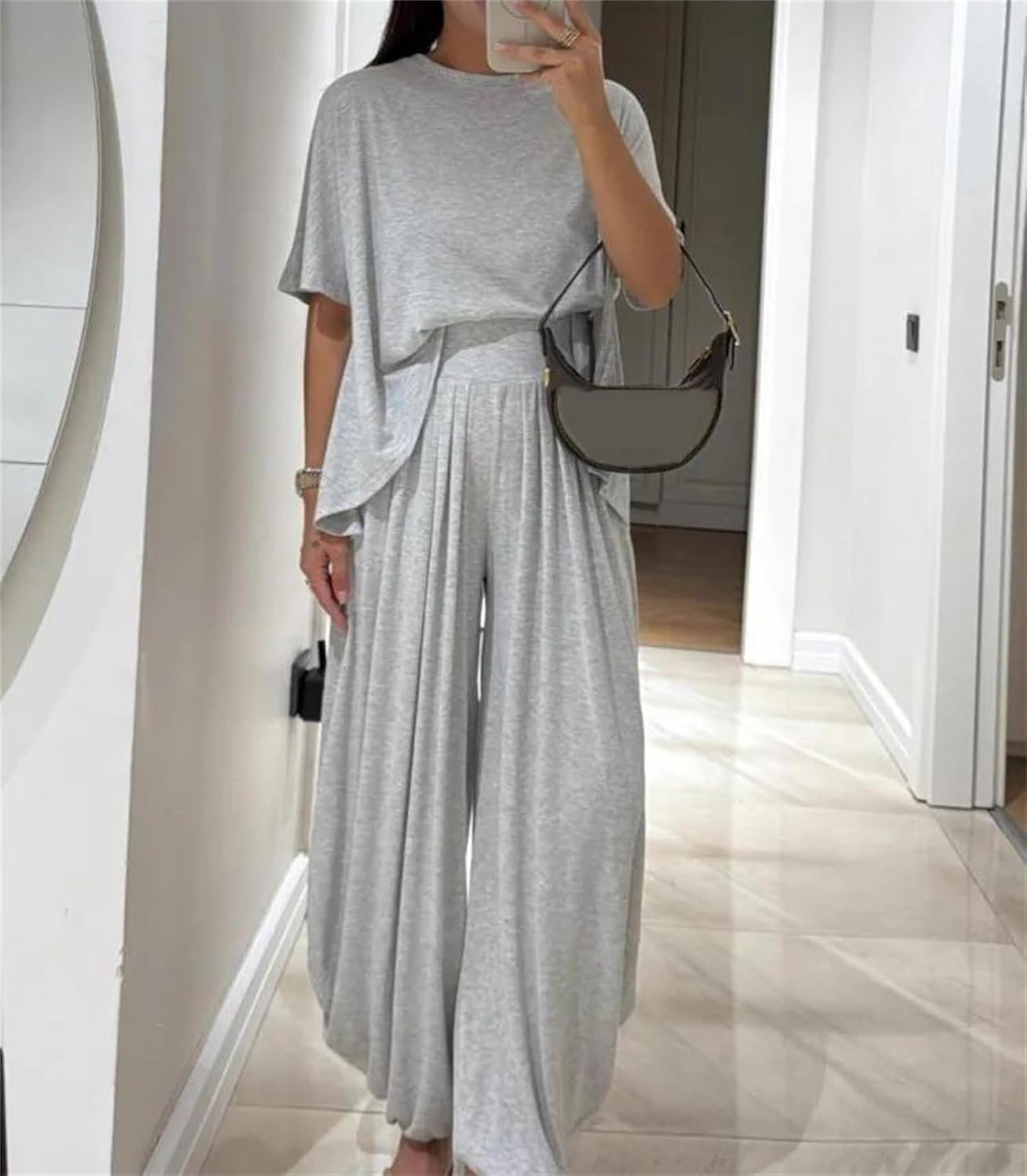 Women’S Casual T-Shirt Short Sleeve Top 2 Piece Set Loose High Waist Wide Leg Trousers Pants Set Casual Pant Suits Set