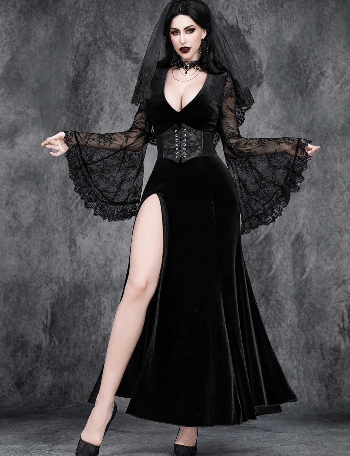Women Gothic V Neck Sexy High Slit Witch Sleeve Wedding Dark Goth Dress - Image 3