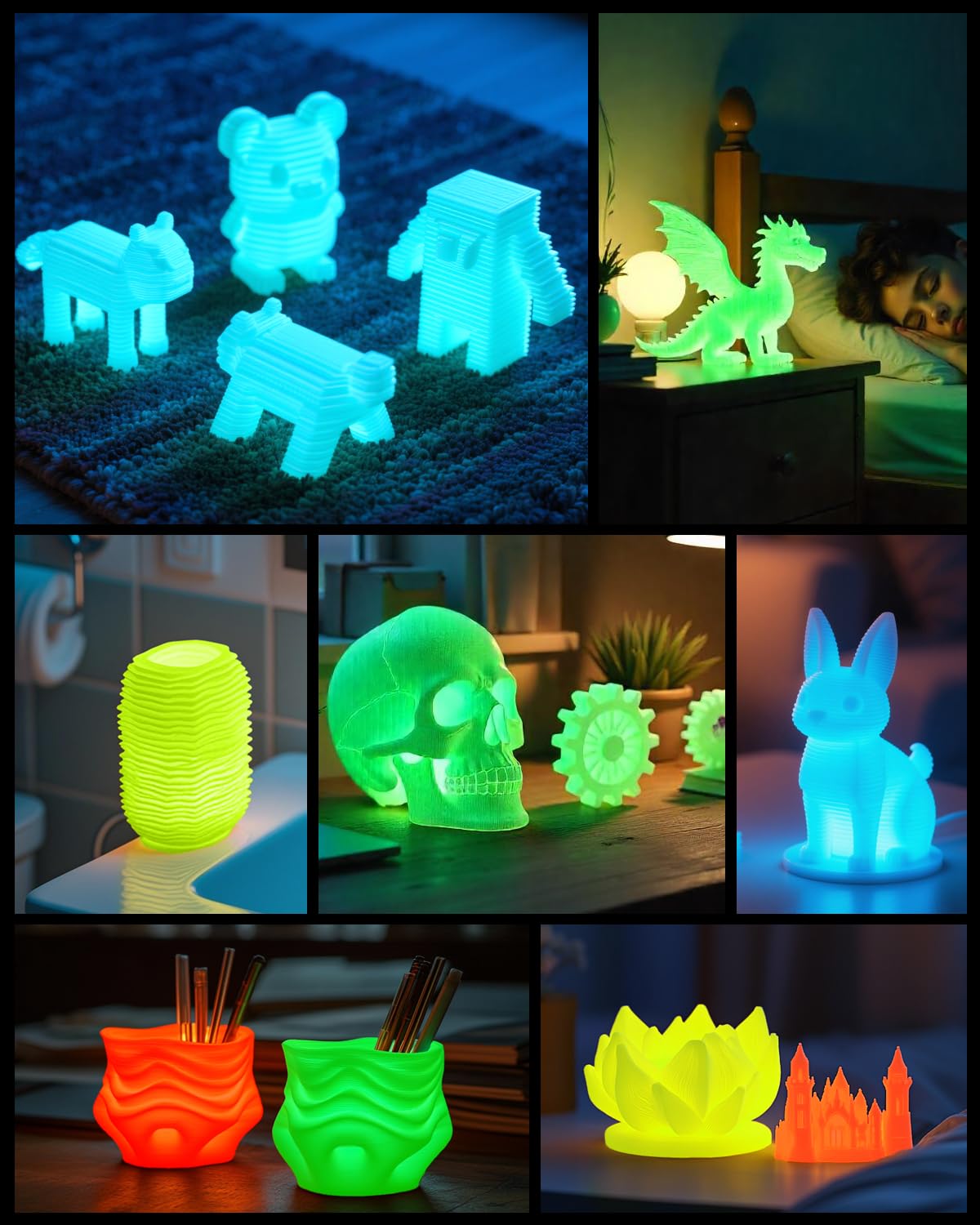 SUNLU Glow PETG Filament Bundle, Glow in the Dark filament do drukarki 3D, żarnik o wysokiej wytrzymałości 1,75 mm, 250 g na szpulę, 8 rolek, (petg czarno-biały z 6 cewkami w kolorze niebieskim
