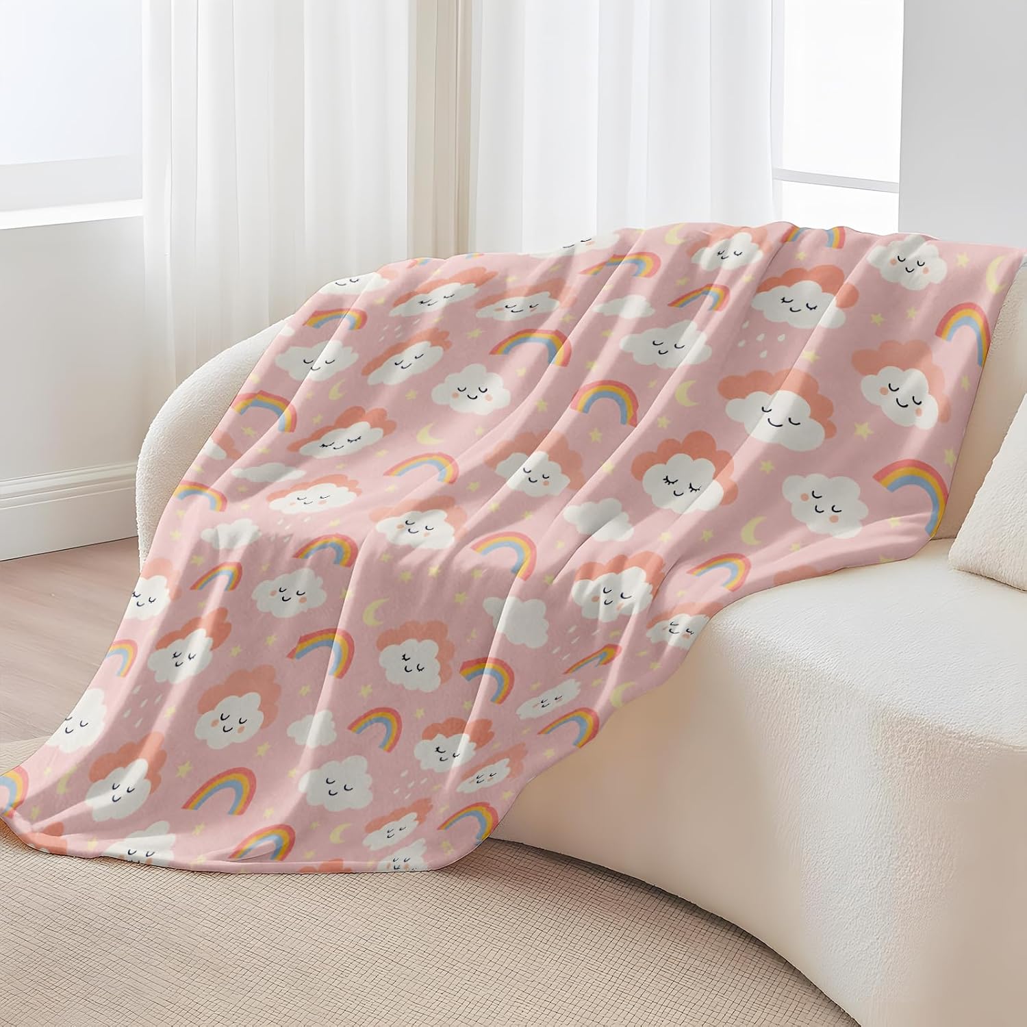 Rainbow Cloud Flannel Throw Blanket 50x60 Inch, Pastel Pink Illustration Blankets, Sweet Dreamy Home Decor for Bed Couch Tent Travel Picnic, Thoughtful Gifts for Girls Women Aesthetic Lovers