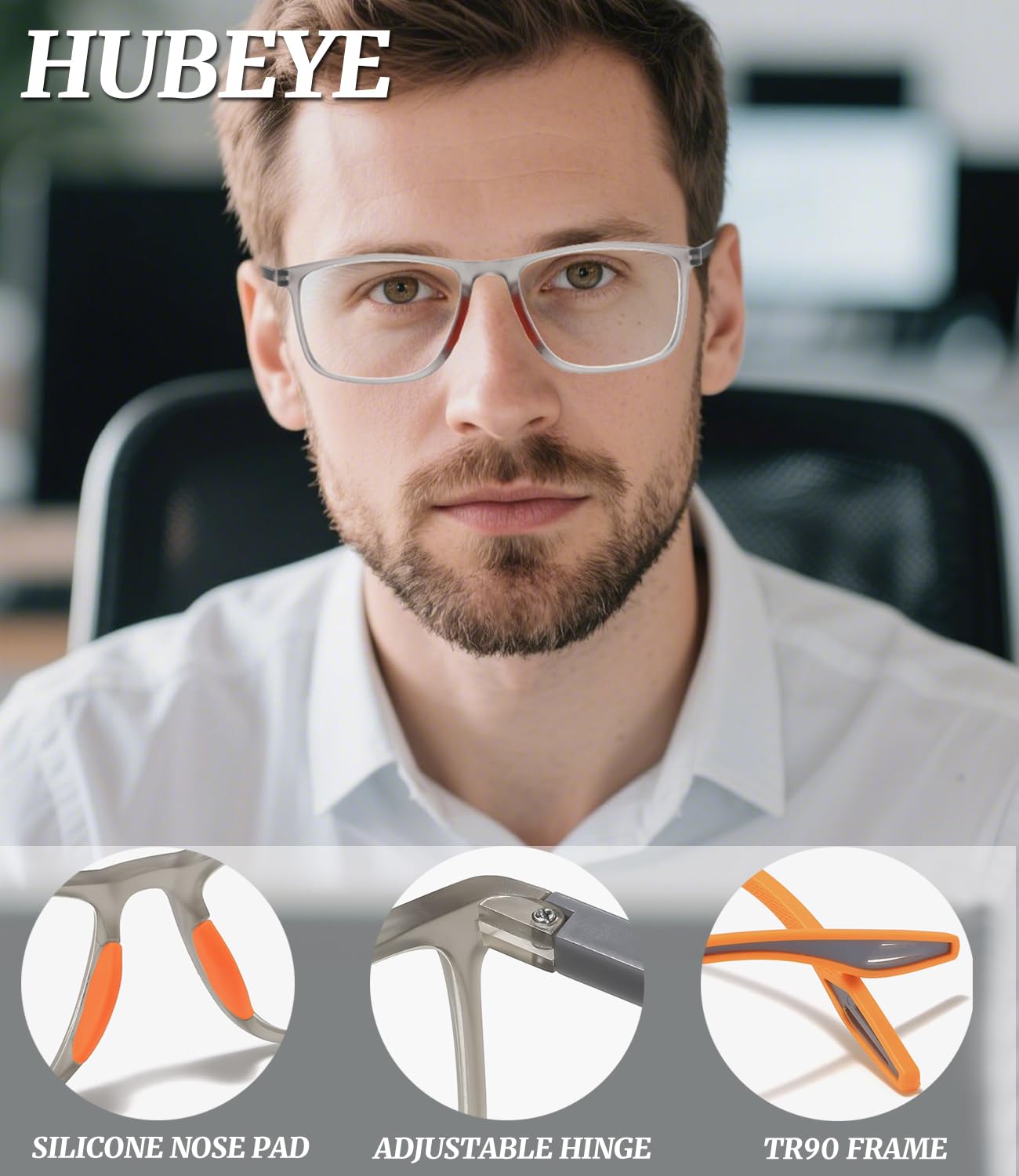 Hubeye Gafas de lectura deportiva para mujeres y hombres ultraligeras anteojos de lectura gafas anti luz azul (Negro+Naranja, 2.00) — view 3