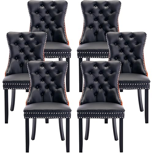 Kiztir PU Leather Dining Chairs Set of 6, Upholstered Dining Room Chairs with Ring Pull Trim & Button Back, Luxury Tufted Dining Chairs for Living Room, Bedroom, Kitchen (Black PU&Orange Velvet)