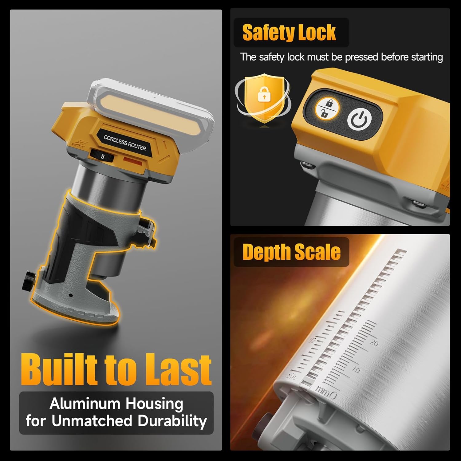 Brushless Cordless Router for Woodworking, Compatible with 20V Battery (Battery Not Included), 6-Speed, 30000-RPM Trim Router, Aluminum Base, 6-Pcs Trim Bits for Edge Trimming, Grooving