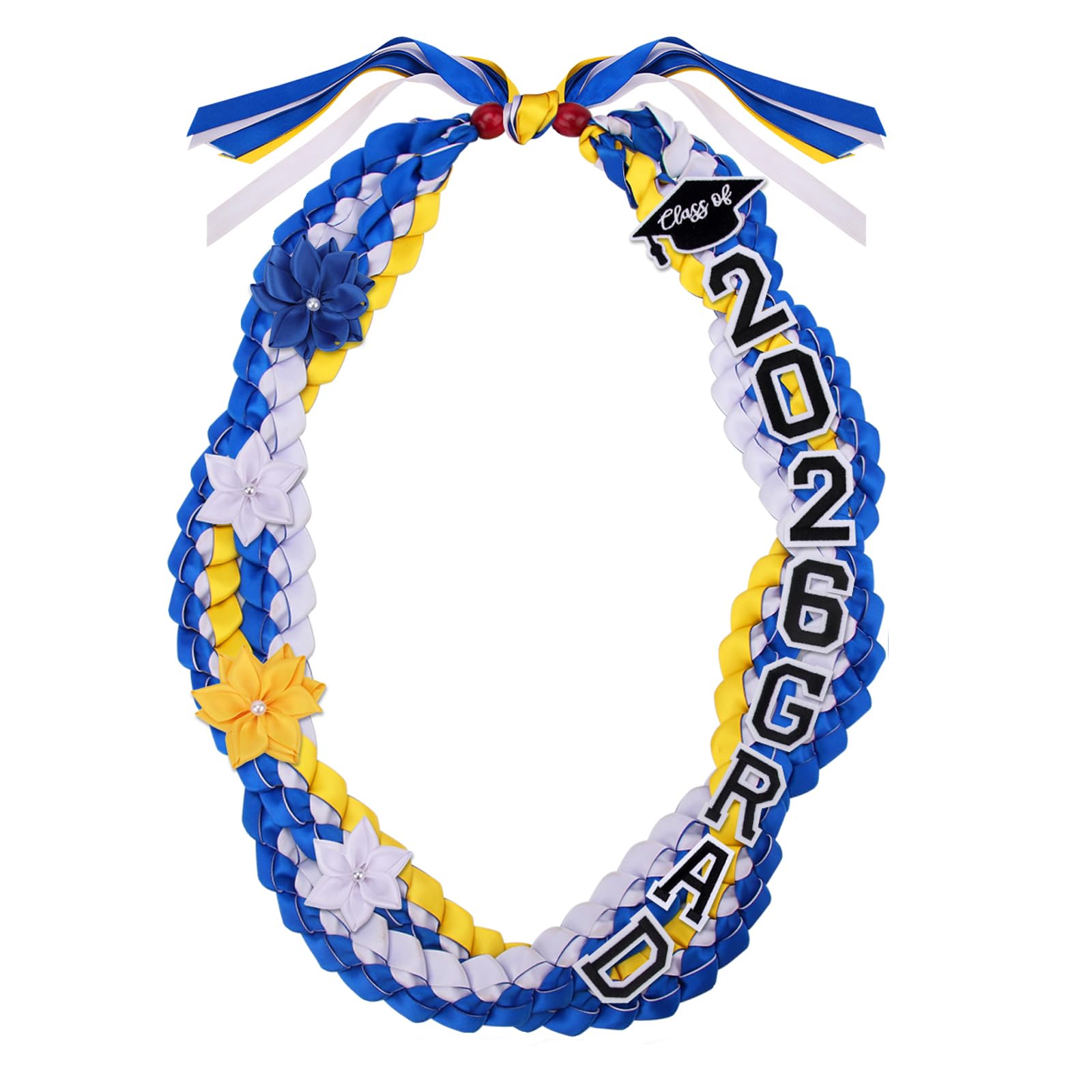 Photo 1 of 2026 Graduation Lei Double Braided Strands Graduation Ribbon Leis with 4 Satin Flowers Congrats Grad Leis Class of 2026 Gifts (Blue Gold White)