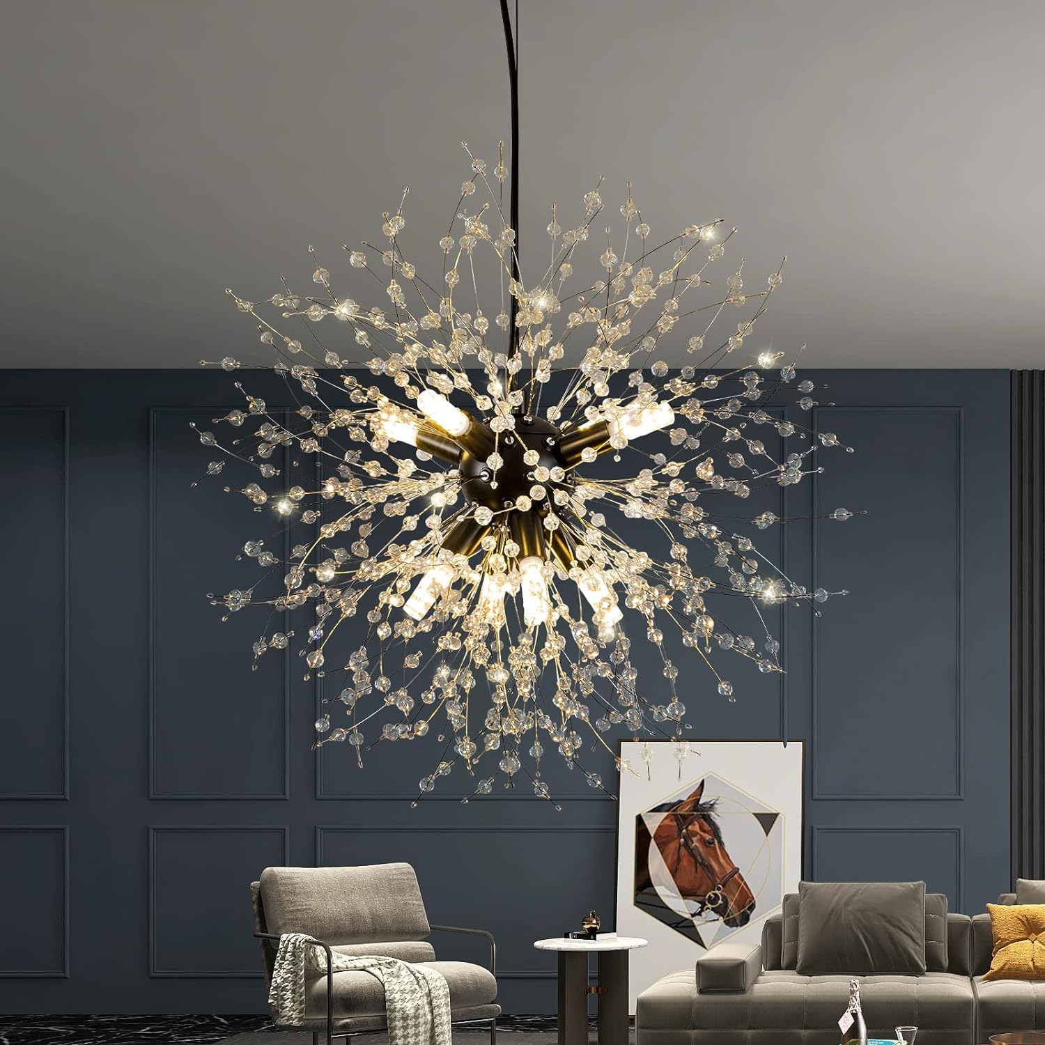 KXEcoLife Modern Dandelion Firework Chandelier, Black Dining Room Crystal Hanging Pendant Lighting Fixture for Living Room, Bathroom, Bedroom, Entryway,Black,8Light
