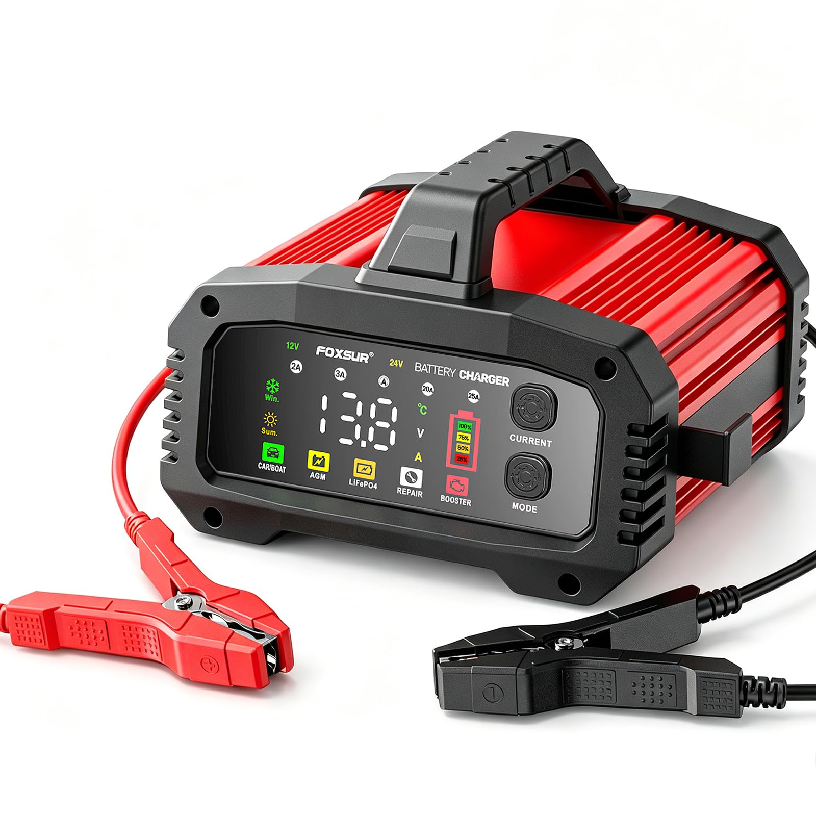 25A/15A Autobatterie Ladegerät,12V/24V Smart vollautomatische Batterie Ladegerät, Ladegerät Auto mit 8-Stufiger Ladung und LCD-Bildschirm für Auto Motorrad Rasenmäher Boot Marine Batterien (Rot)