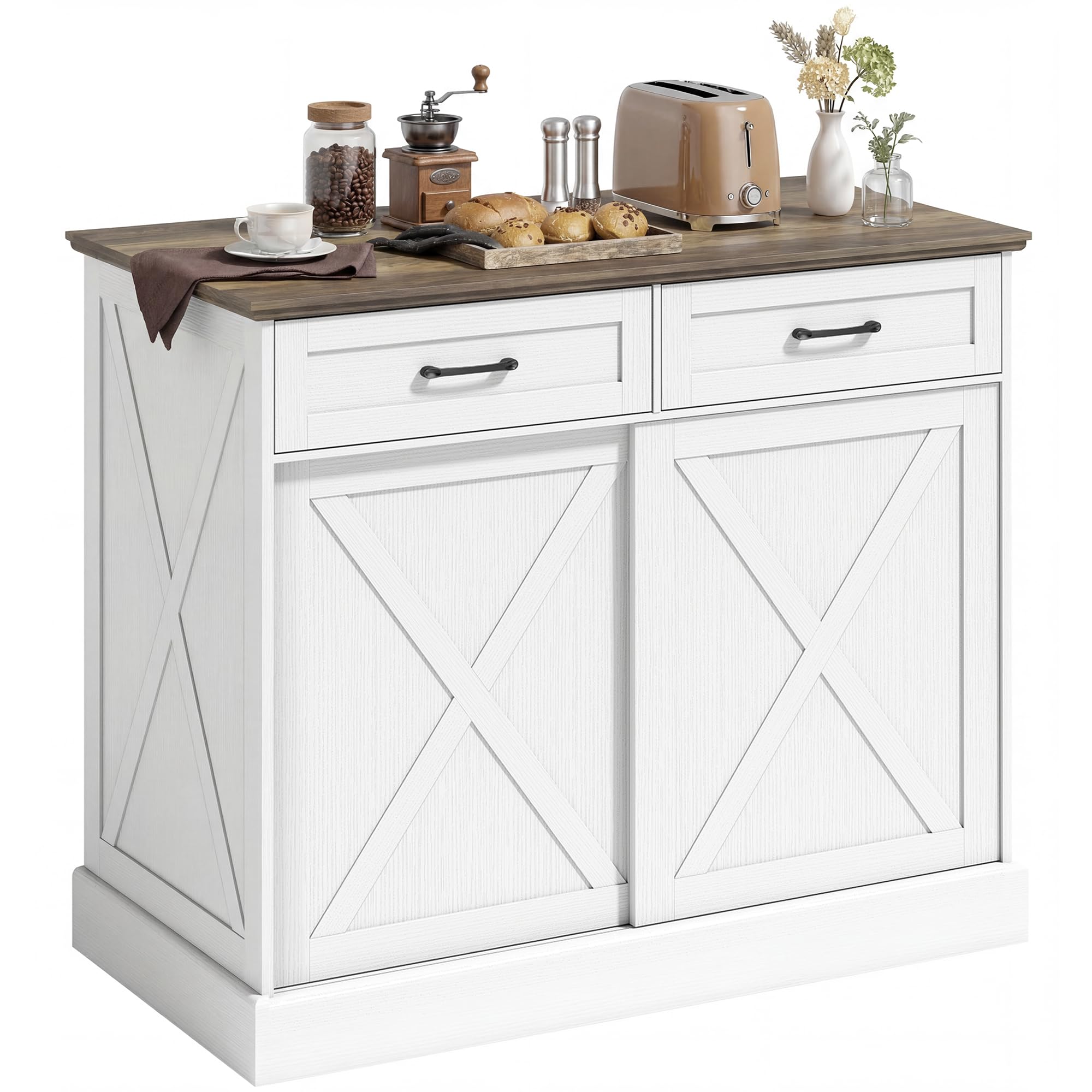HOMCOM Îlot Central Cuisine, Buffet Cuisine, Meuble de Rangement avec 2 Tiroirs, 2 Portes Coulissantes et Étagère Réglable, Style Rustique, 106,4 x 57 x 92 cm, Blanc et Marron