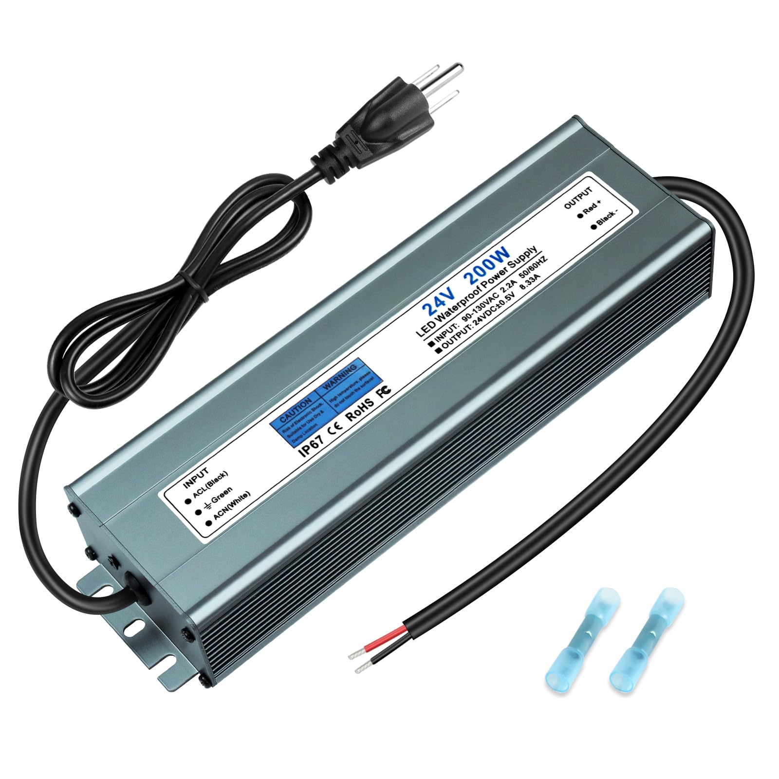 24V 200W LED Power Supply, IP67 Waterproof AC 90-130V to DC 24V 8.3A LED Driver, Low Voltage Transformer with 3-Prong Plug for LED Strips, Landscape