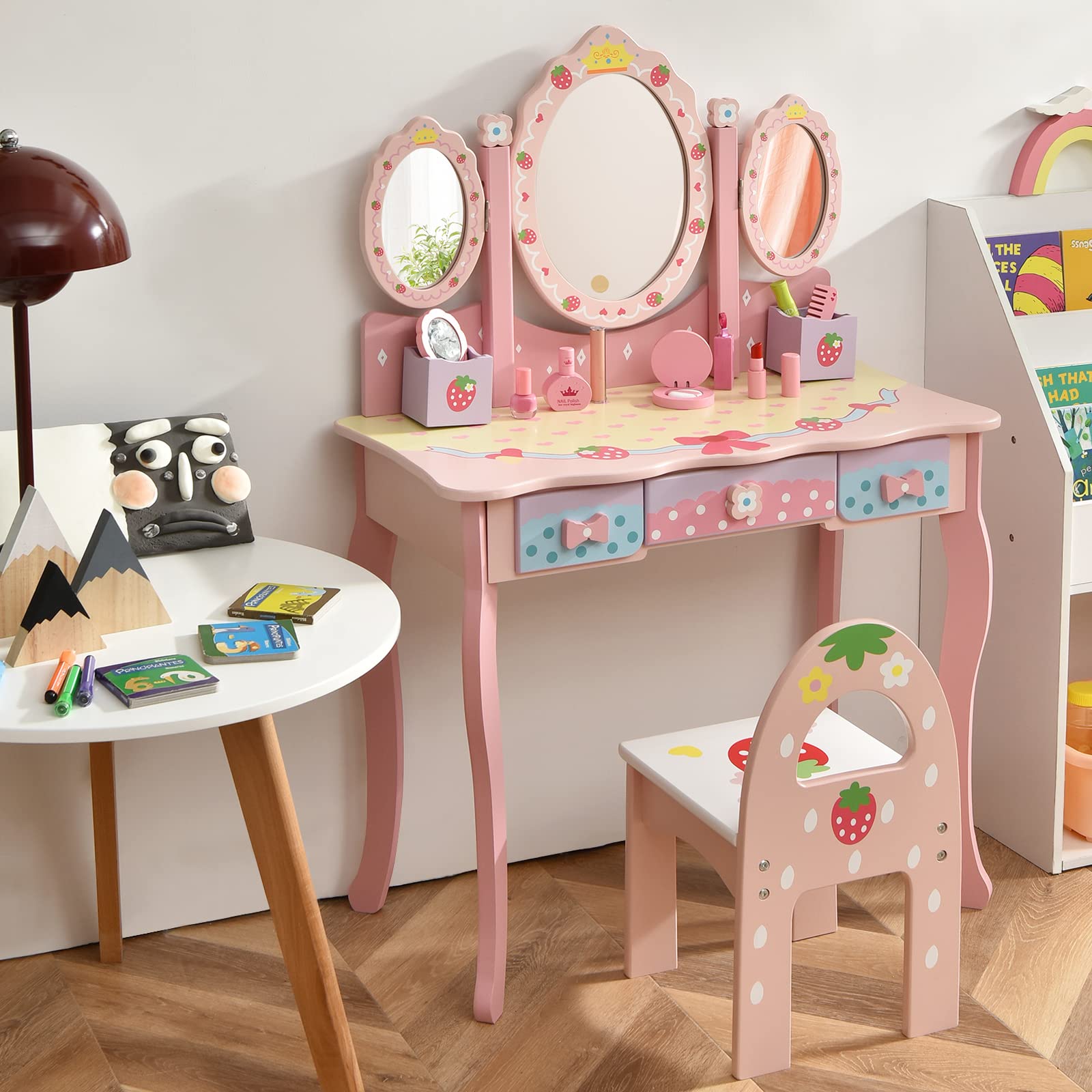 COSTWAY Tocador con Espejo Tripartido para Niños, Mesa de Maquillaje 3 Cajones 2 Cajas Taburete (Rosa)