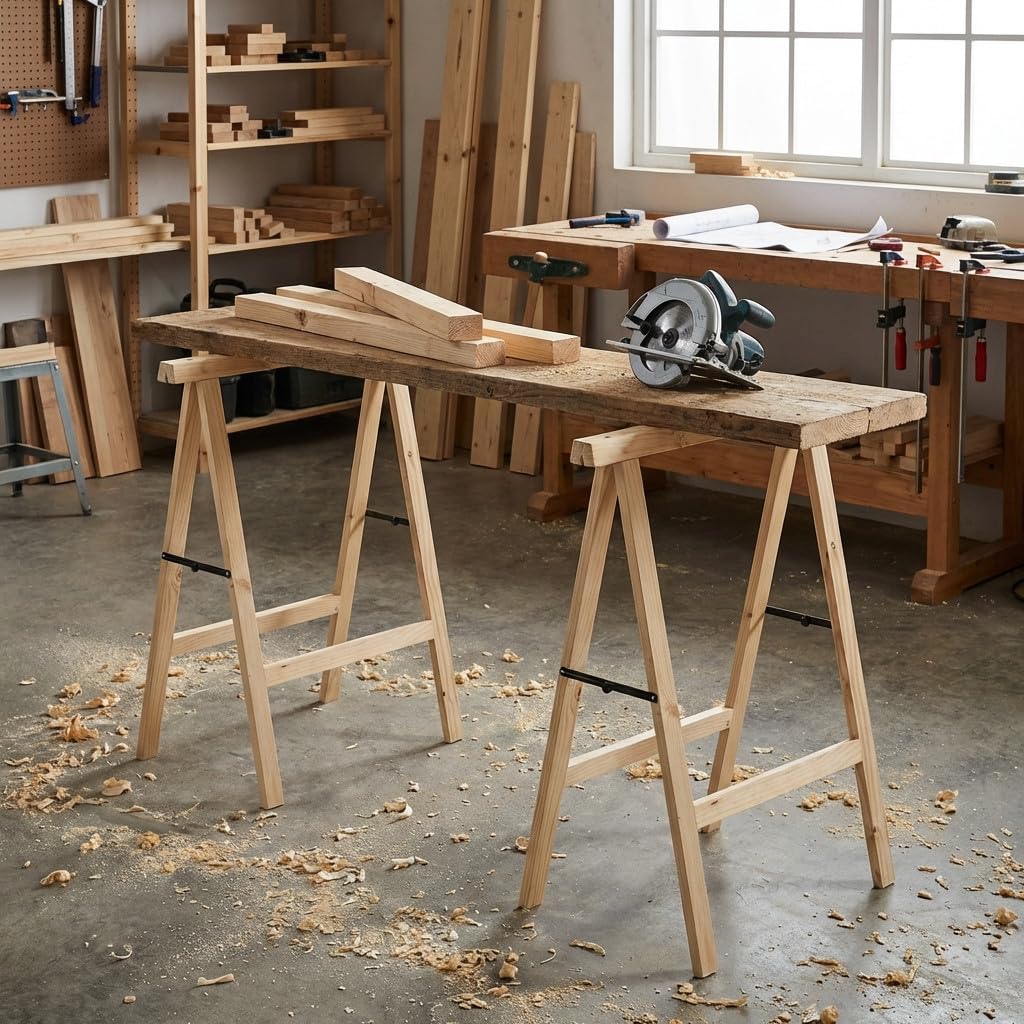 Suinga Confezione da 2 cavalletti in legno pieghevoli per falegnameria e fai da te 100 x 73,5 cm | ideale per montare tavole e tagliare legno