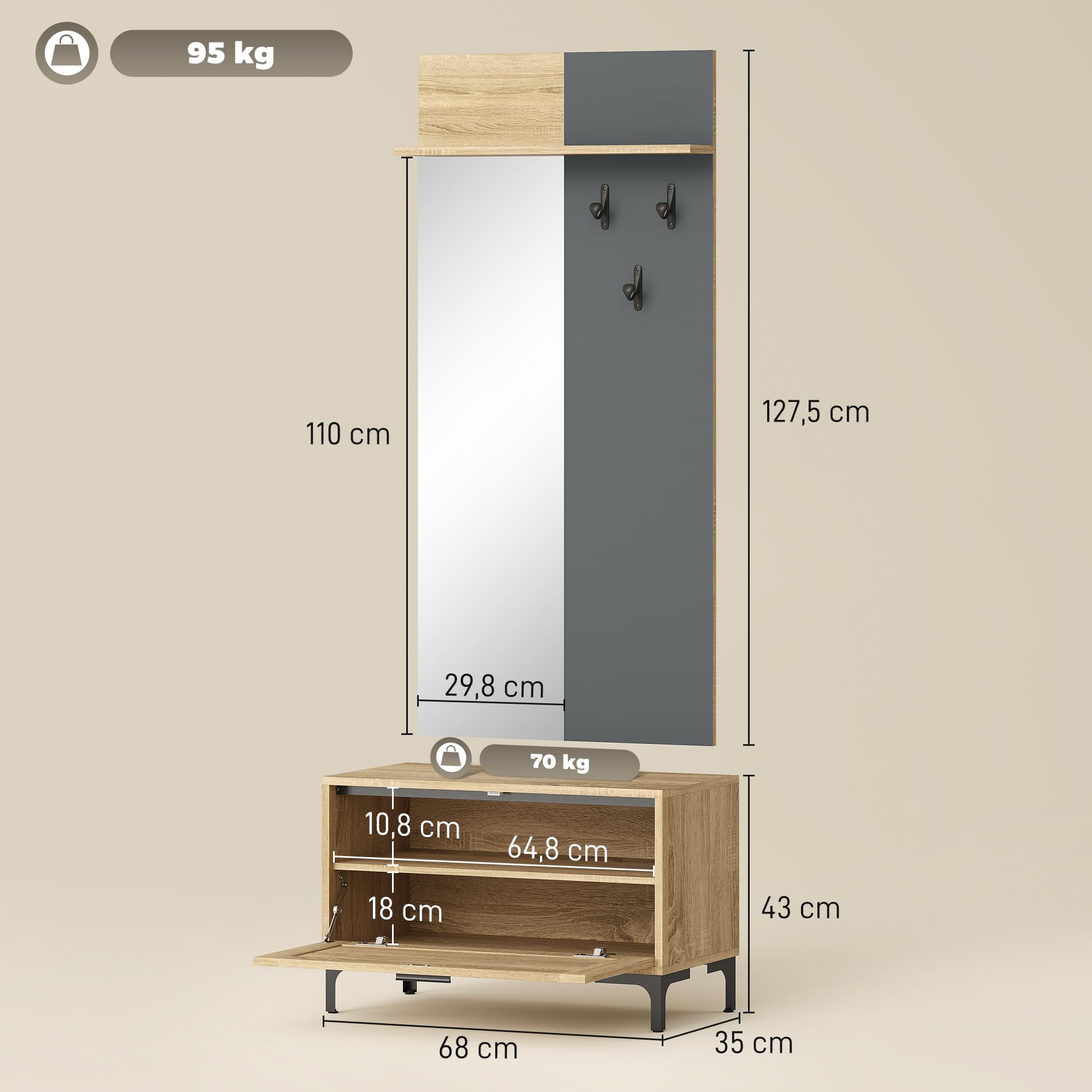 HOMCOM Garderobe Set, Garderobe mit Spiegel, Haken, Schuhbank, Ablage, Garderobenständer, Garderobenset, Flurgarderobe mit Klappschublade, für den Flur, 60 x 13,5 x 127,5 cm, Naturholz
